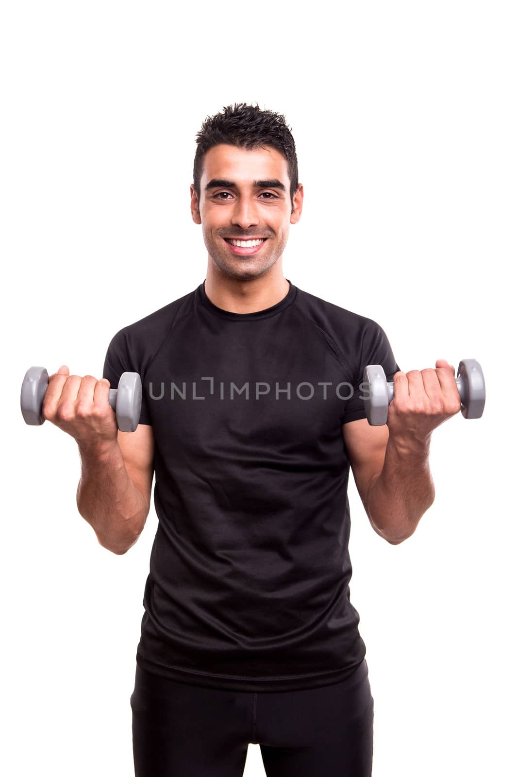 Smiling man lifting weights over white background