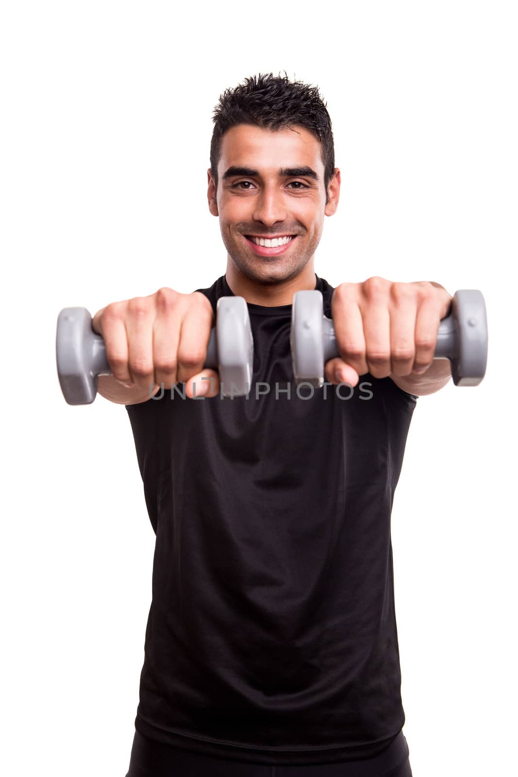 Smiling man lifting weights over white background