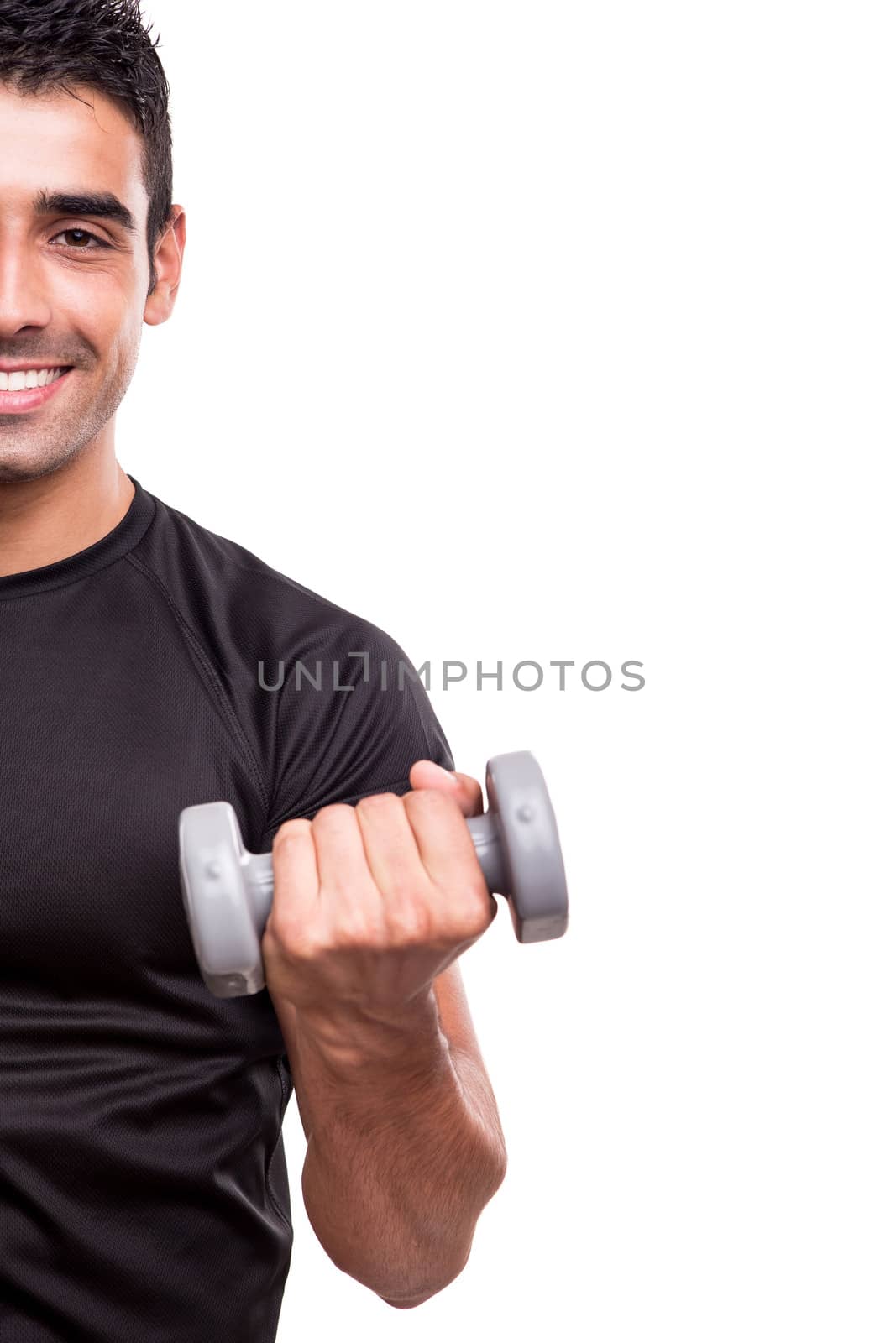 Smiling man lifting weights over white background