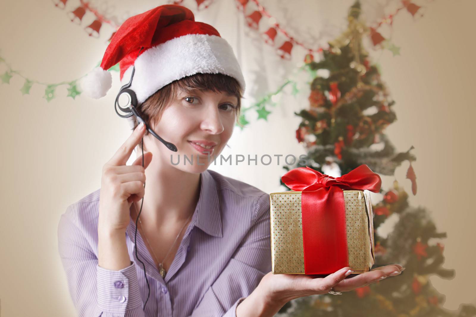 Customer service operator on Christmas back with present