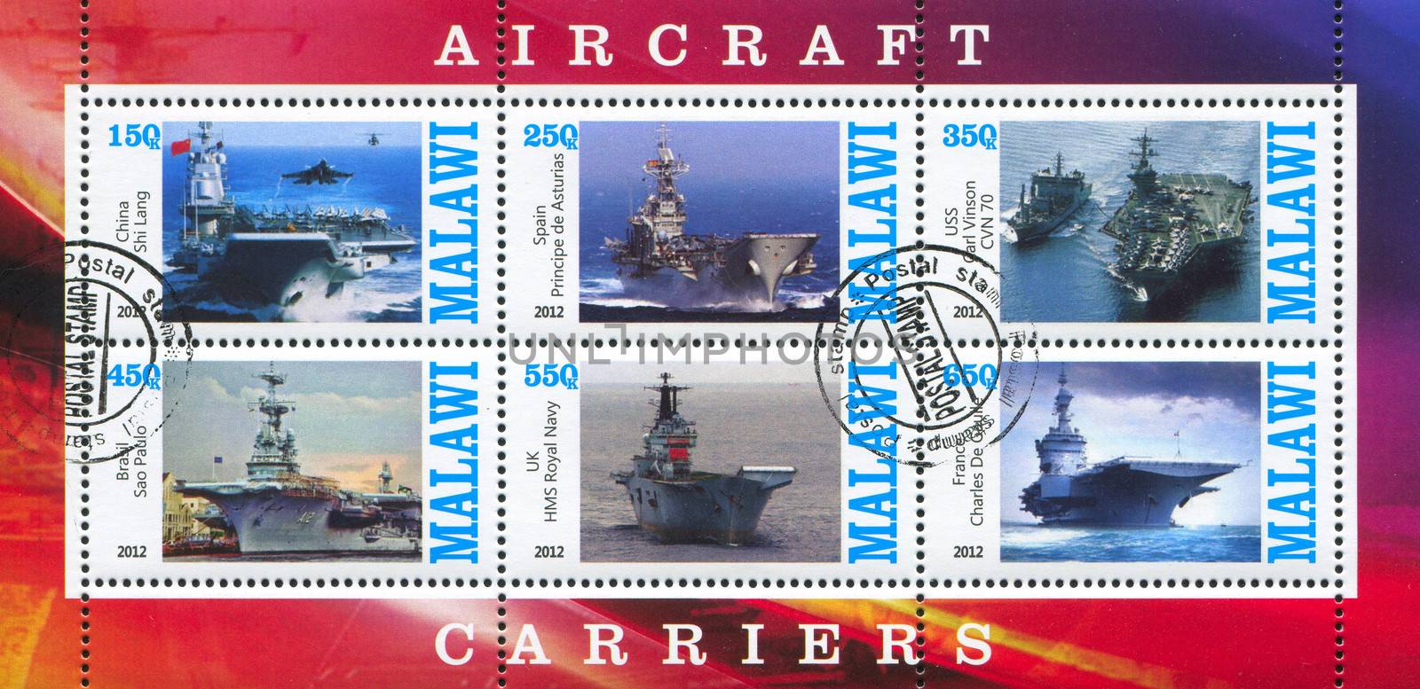 MALAWI - CIRCA 2012: stamp printed by Malawi, shows aircraft carrier, circa 2012