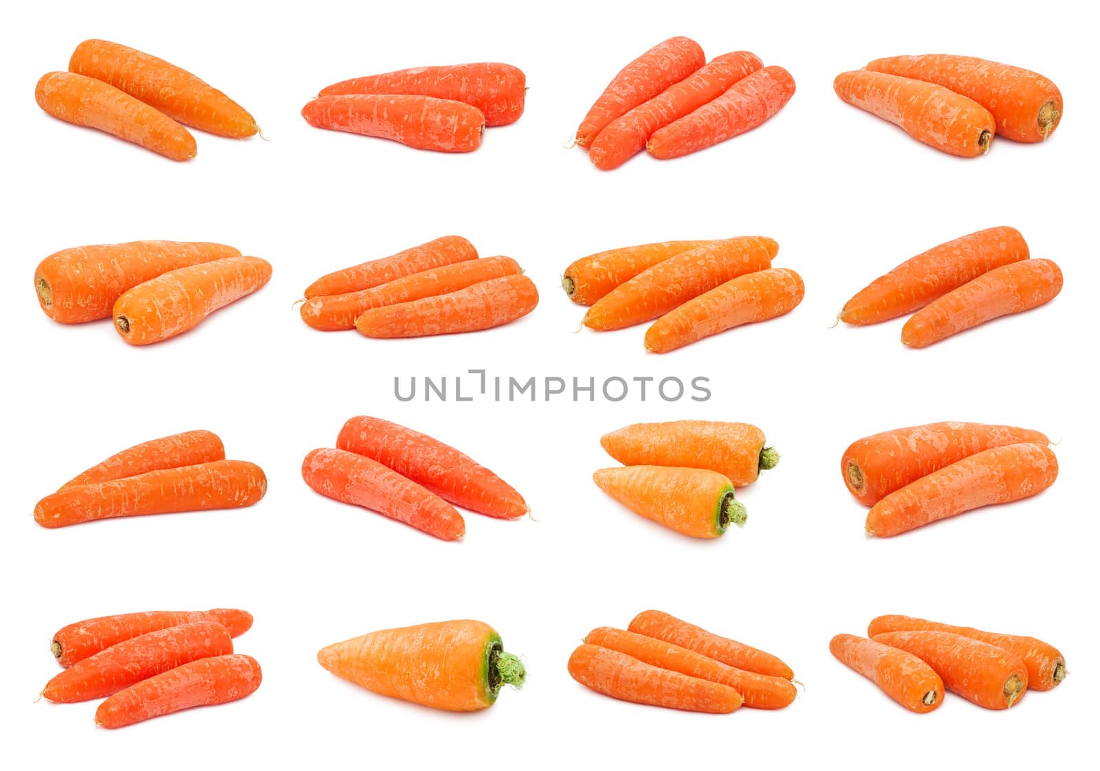 Collection of fresh orange carrots isolated on white background