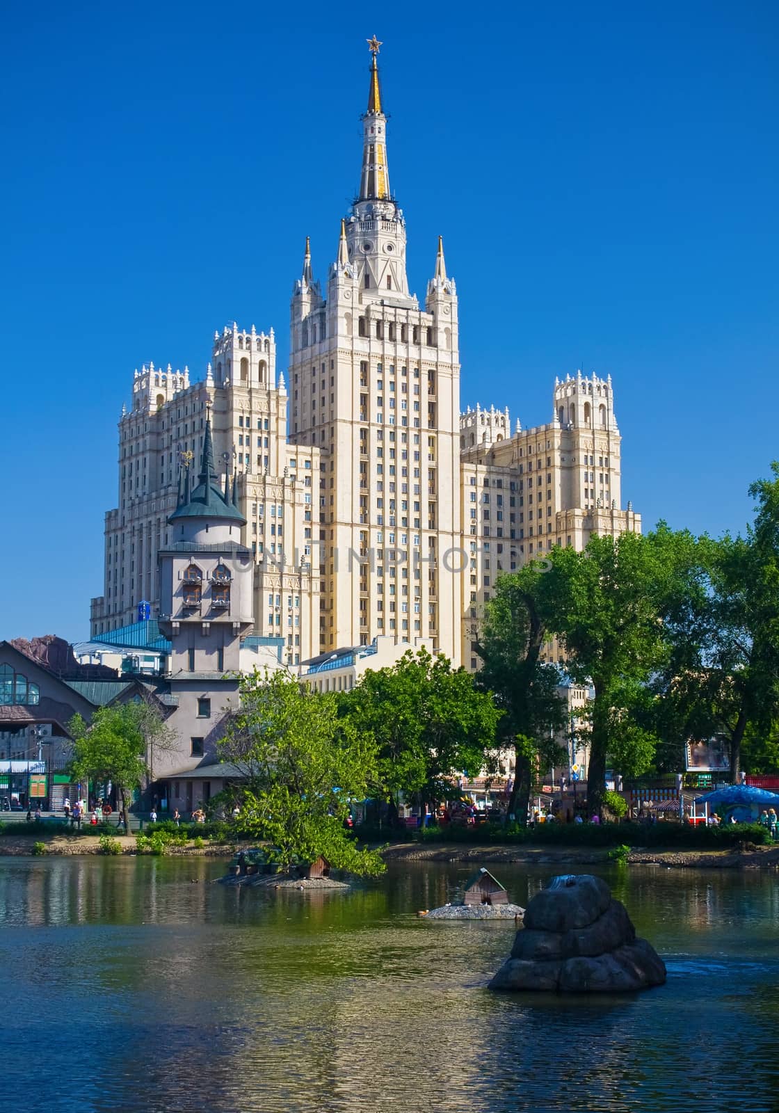 Beautiful view of old soviet skyscrape in Moscow, Russia