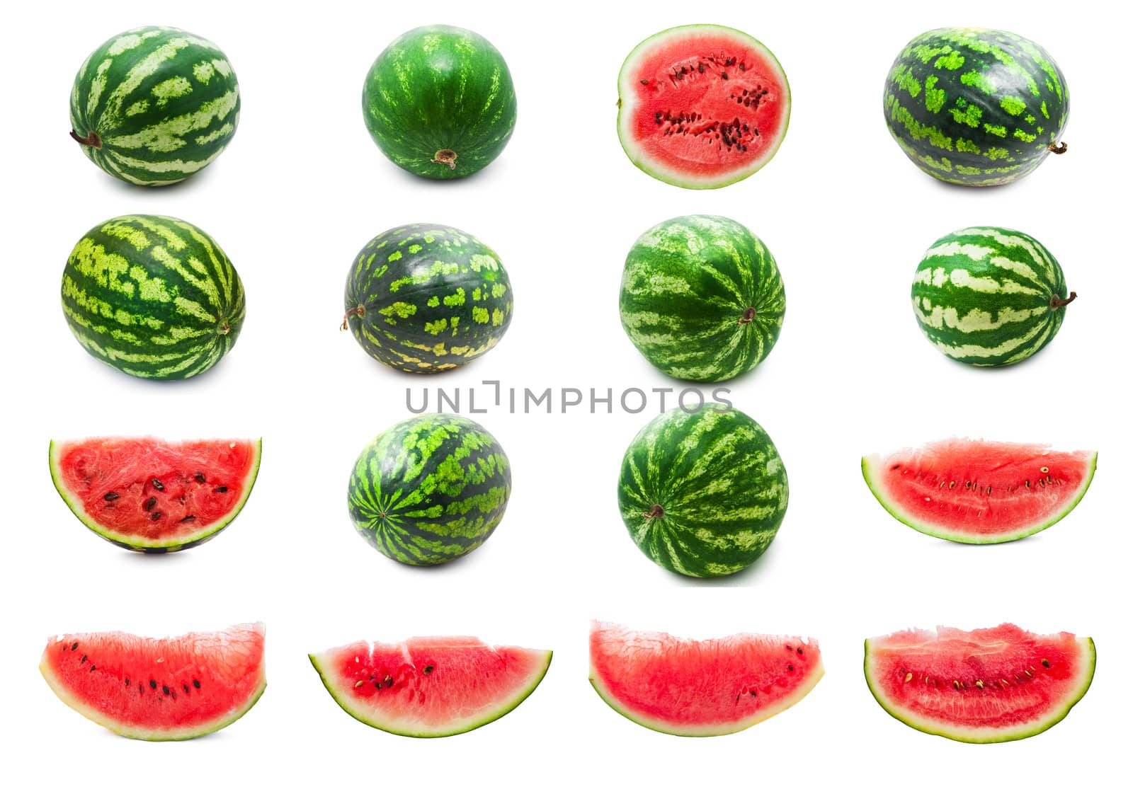 Collection of fresh juicy watermelons isolated on white background