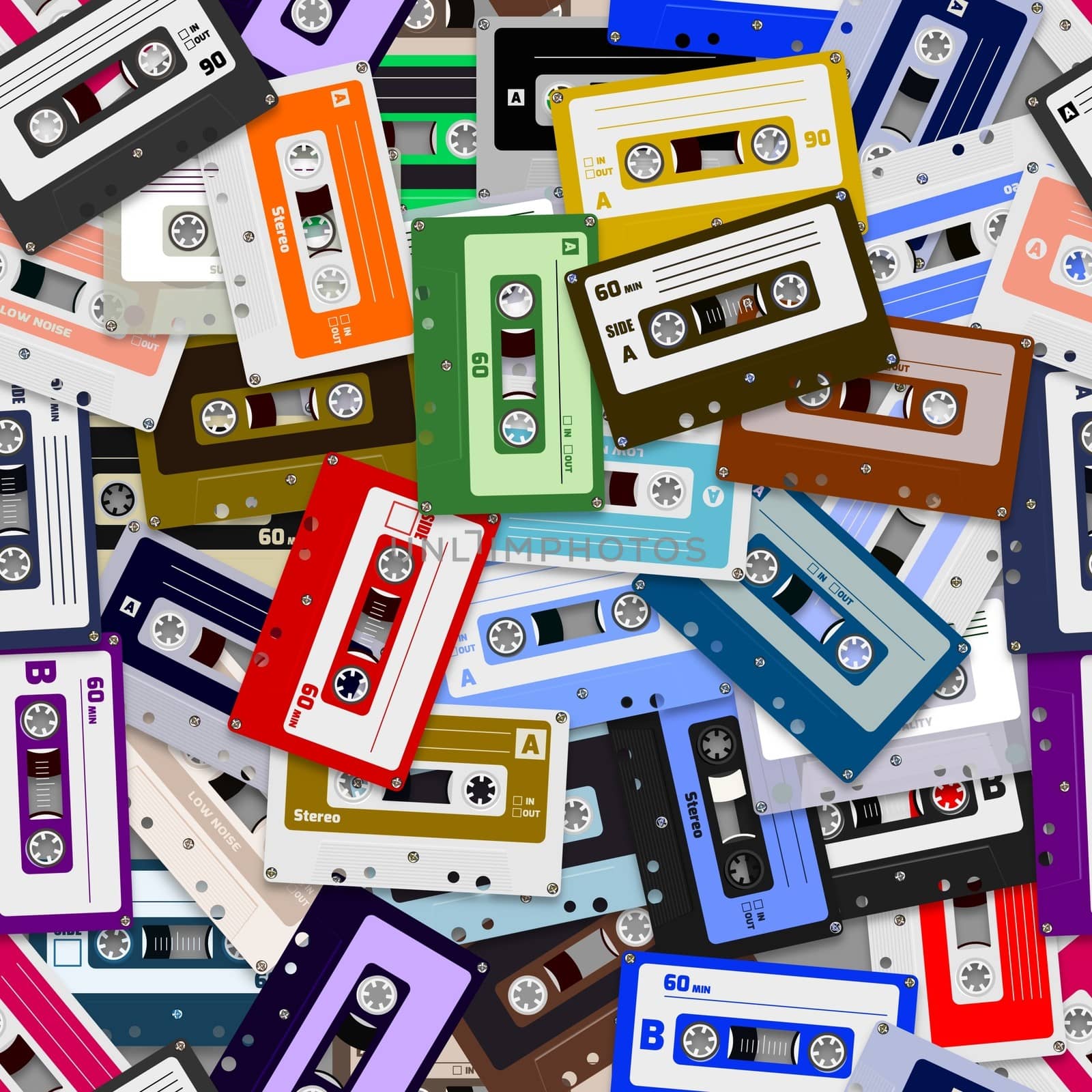 Illustrated seamless background made of cassette tapes