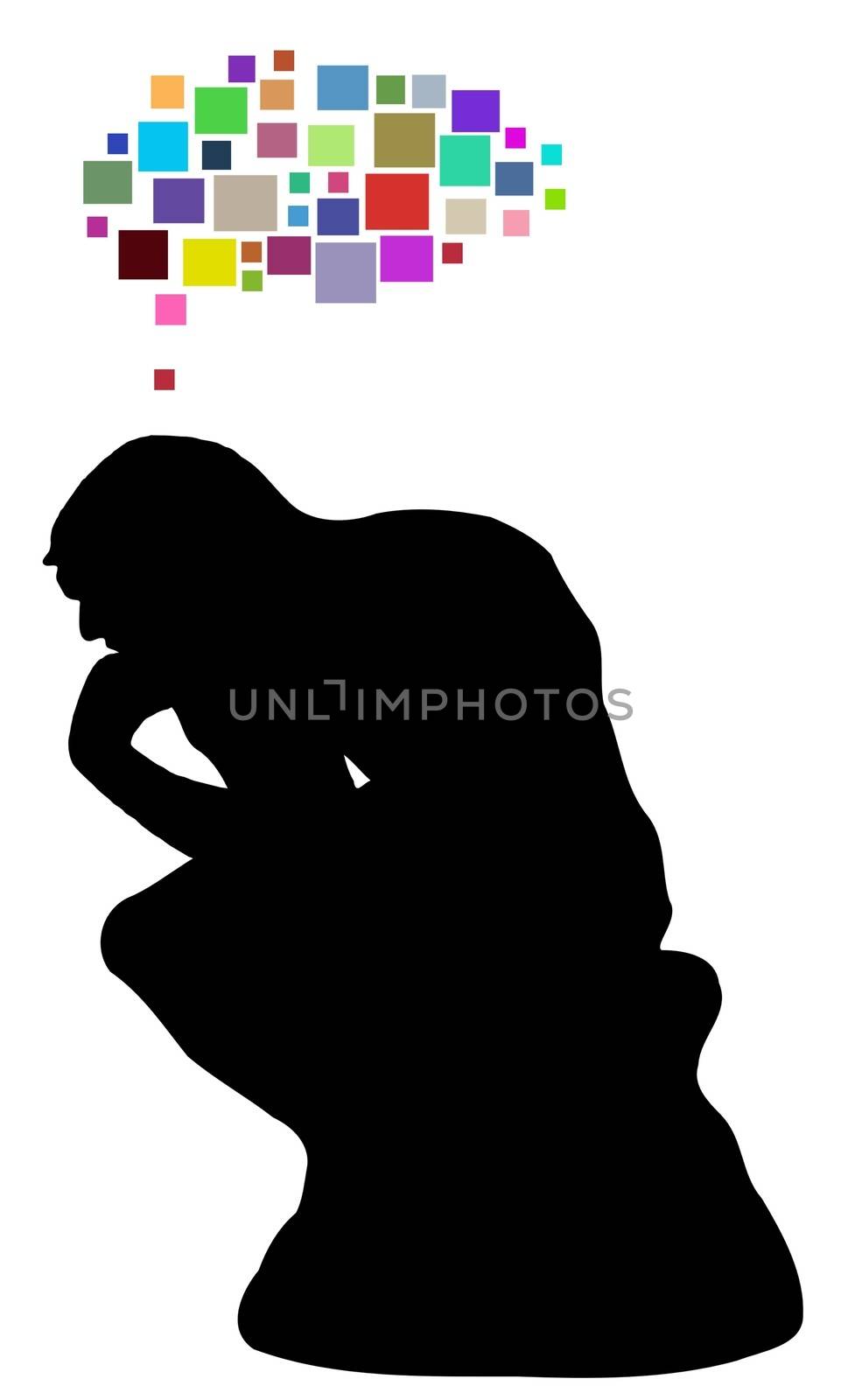 Illustration of a thinking man with a thought bubble made of colorful squares
