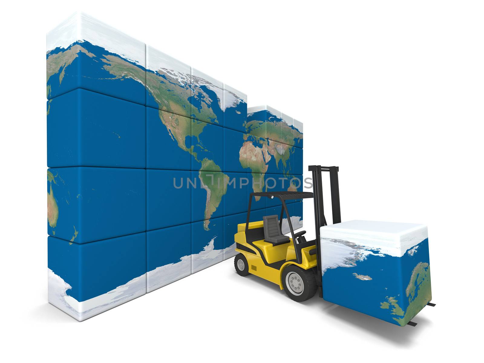 Concept of global transportation, modern yellow forklift carrying piece of global map, isolated on white background. Elements of this image furnished by NASA.