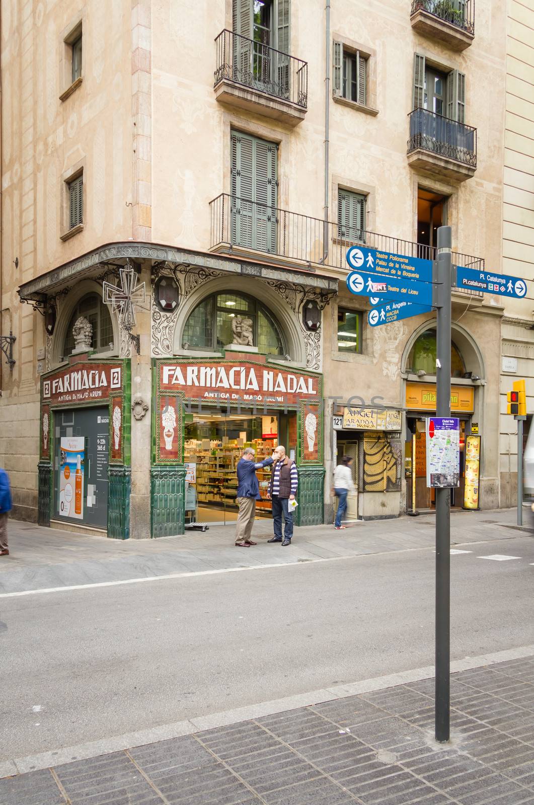 BARCELONA, SPAIN - MAY 31 Modernist facade of traditional pharmacy in a corner of famous La Rambla street, in Barcelona, Spain, on May 31, 2013