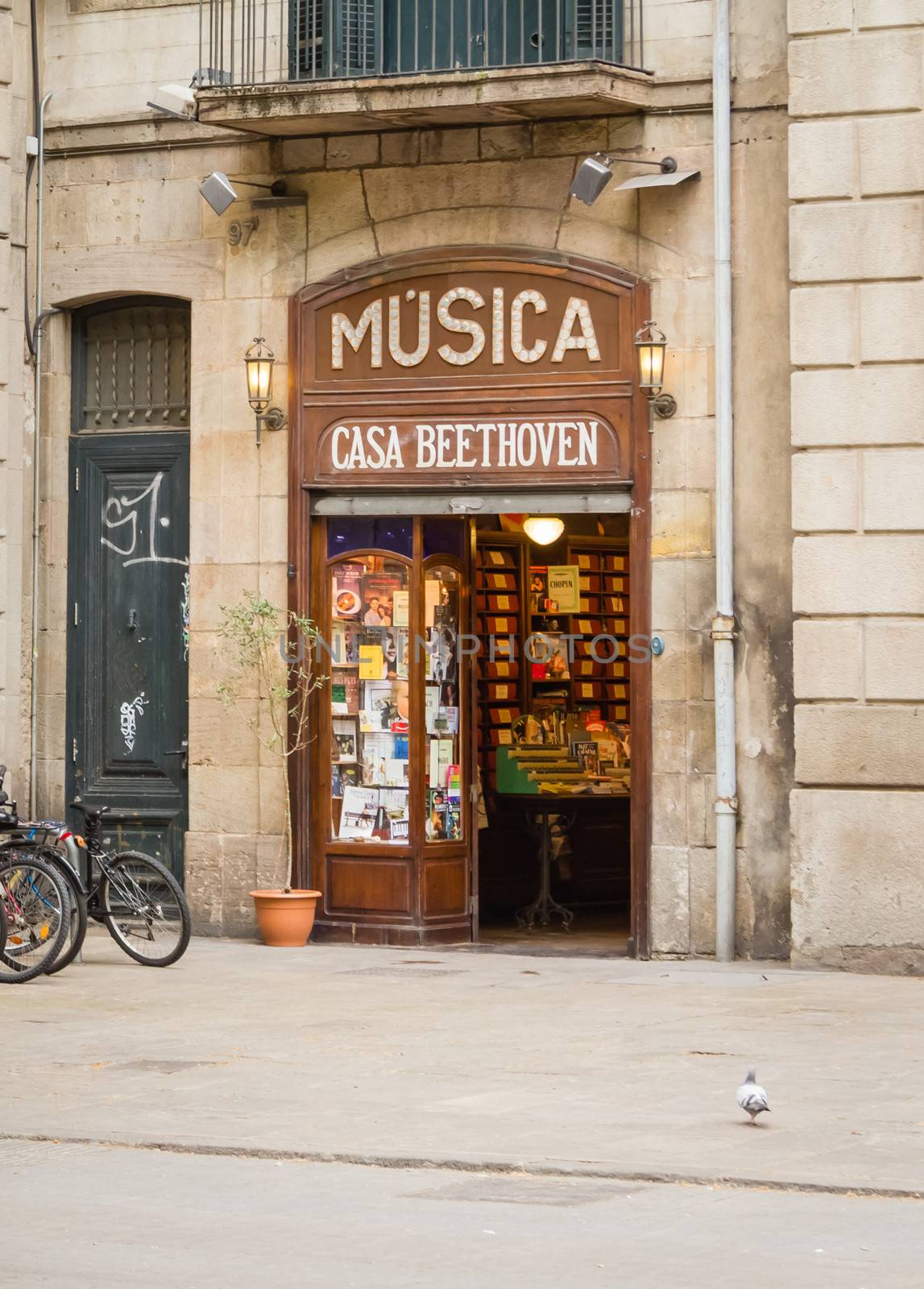 BARCELONA, SPAIN - MAY 31 Facade of traditional music shop in the famous La Rambla street, in Barcelona, Spain, on May 31, 2013