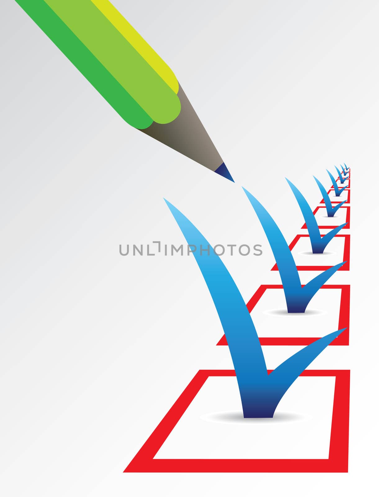 Conceptual vector illustration with pencil selecting the check boxes with blue tick signs