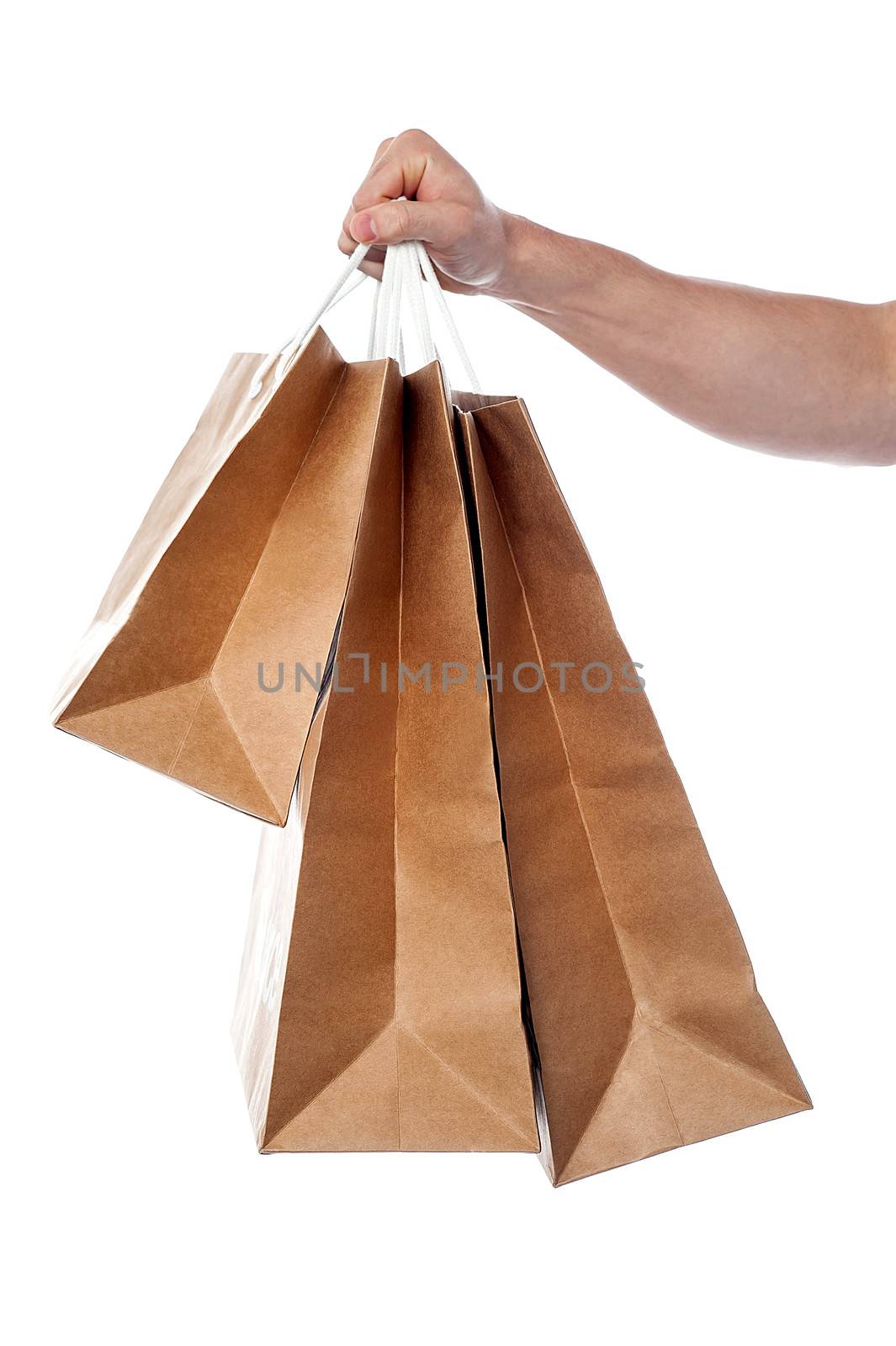 Mans hand holding shopping bags isolated on white
