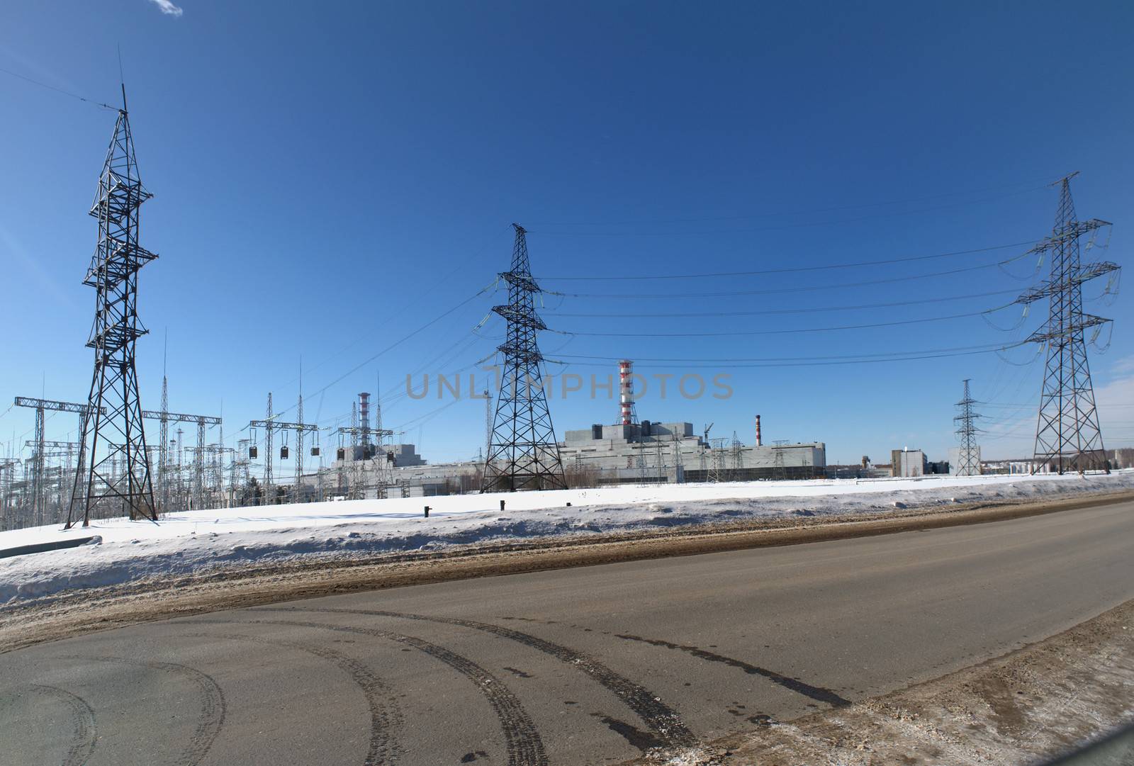 Nuclear power plant and power lines in the winter