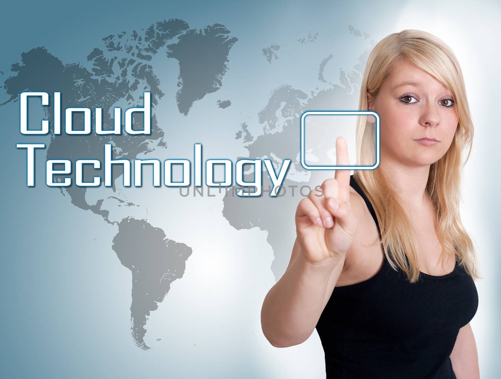 Young woman press digital Cloud Technology button on interface in front of her