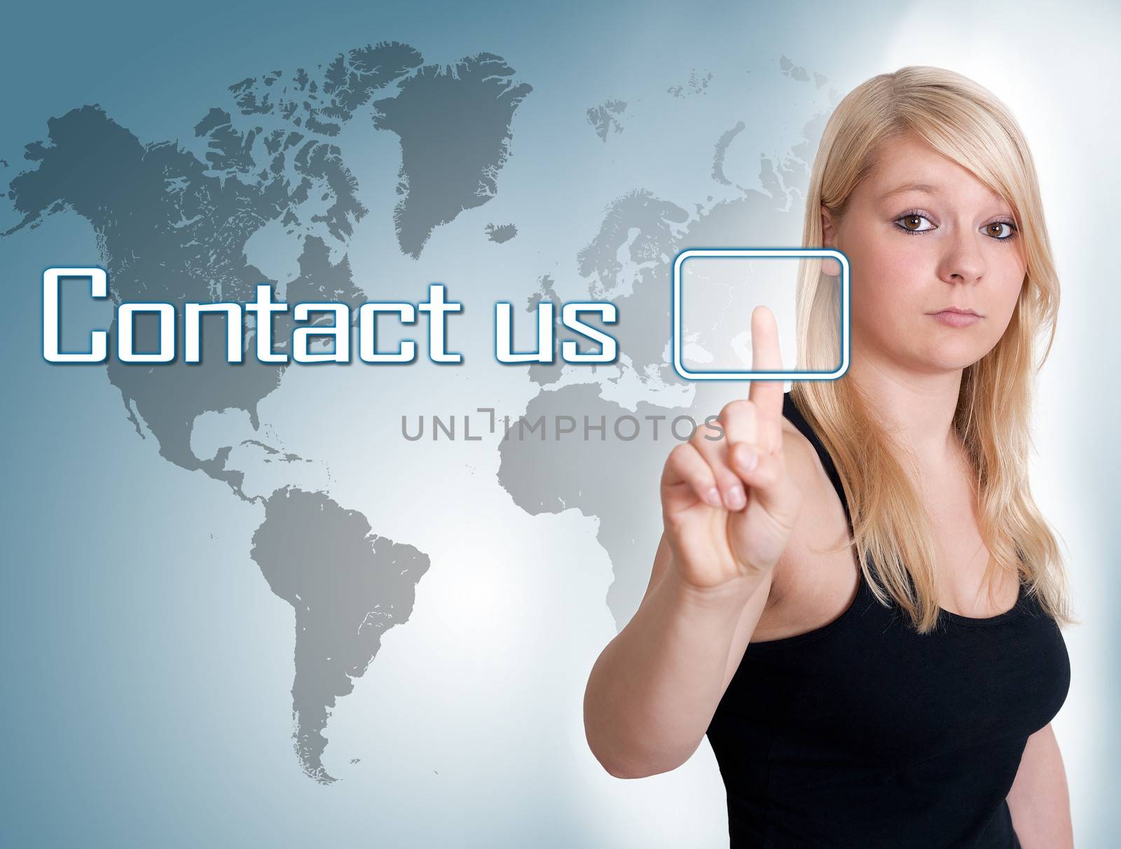 Young woman press digital Contact us button on interface in front of her