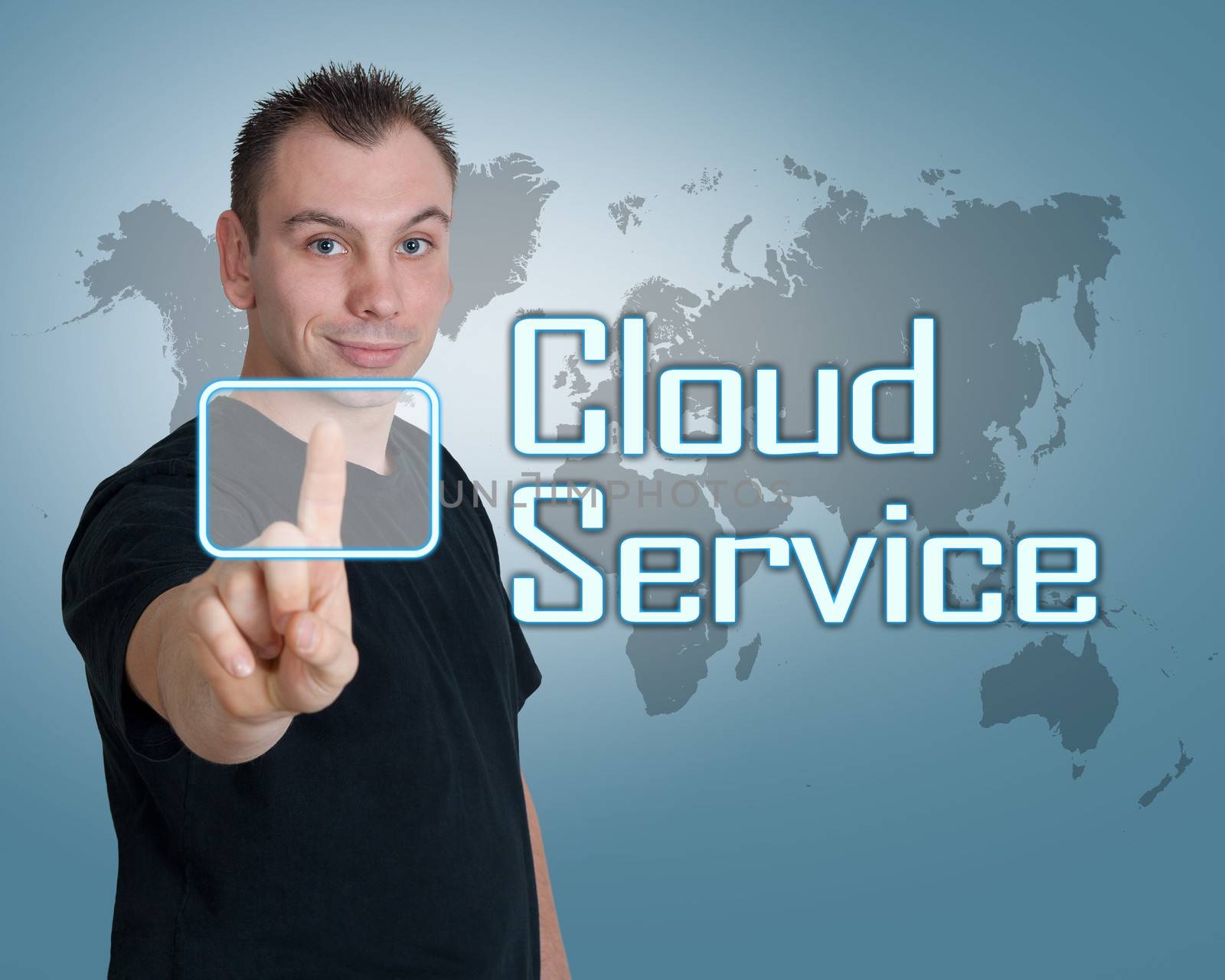 Young man press digital Cloud Service button on interface in front of him