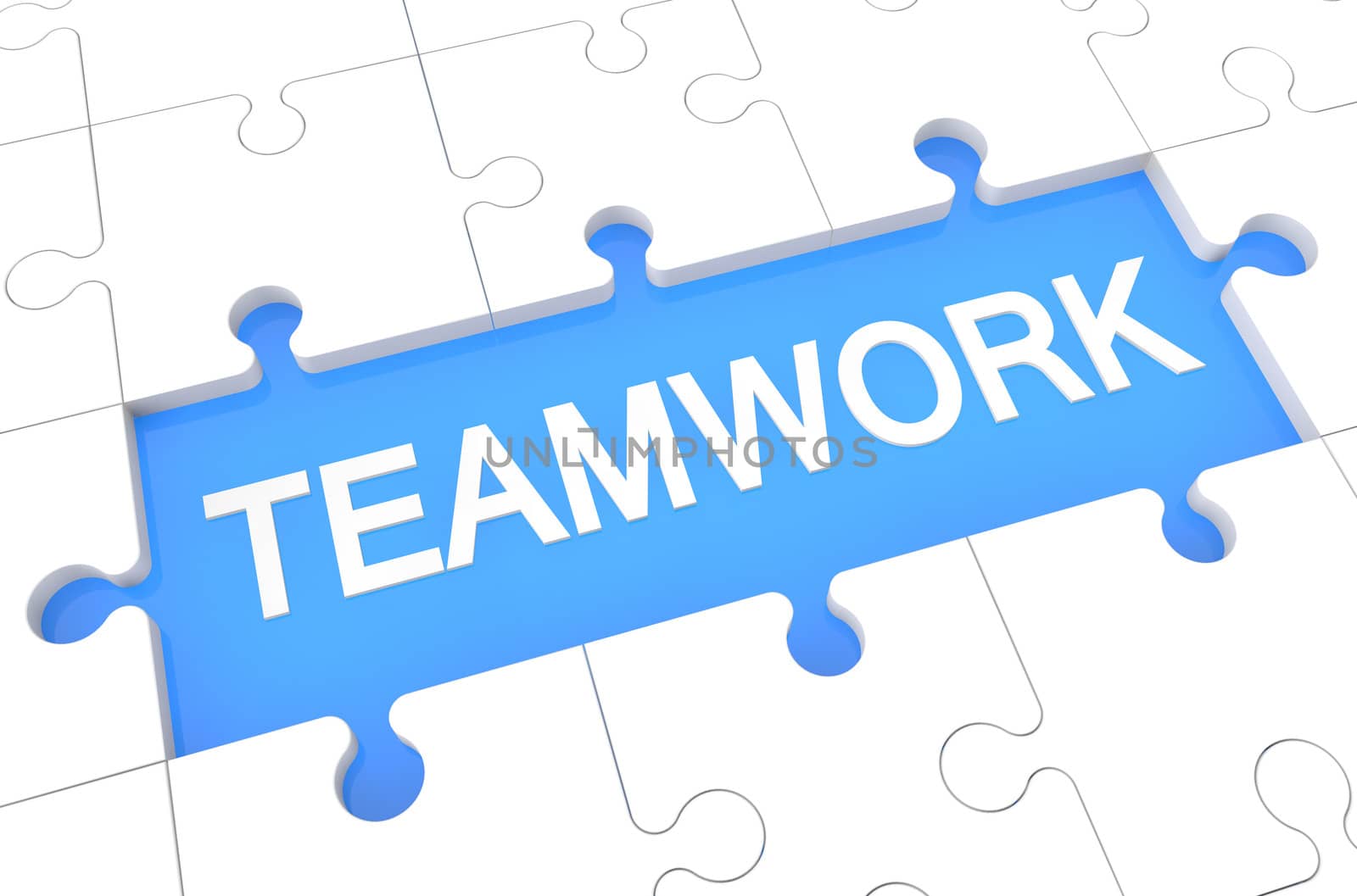 Teamwork - puzzle 3d render illustration with word on blue background