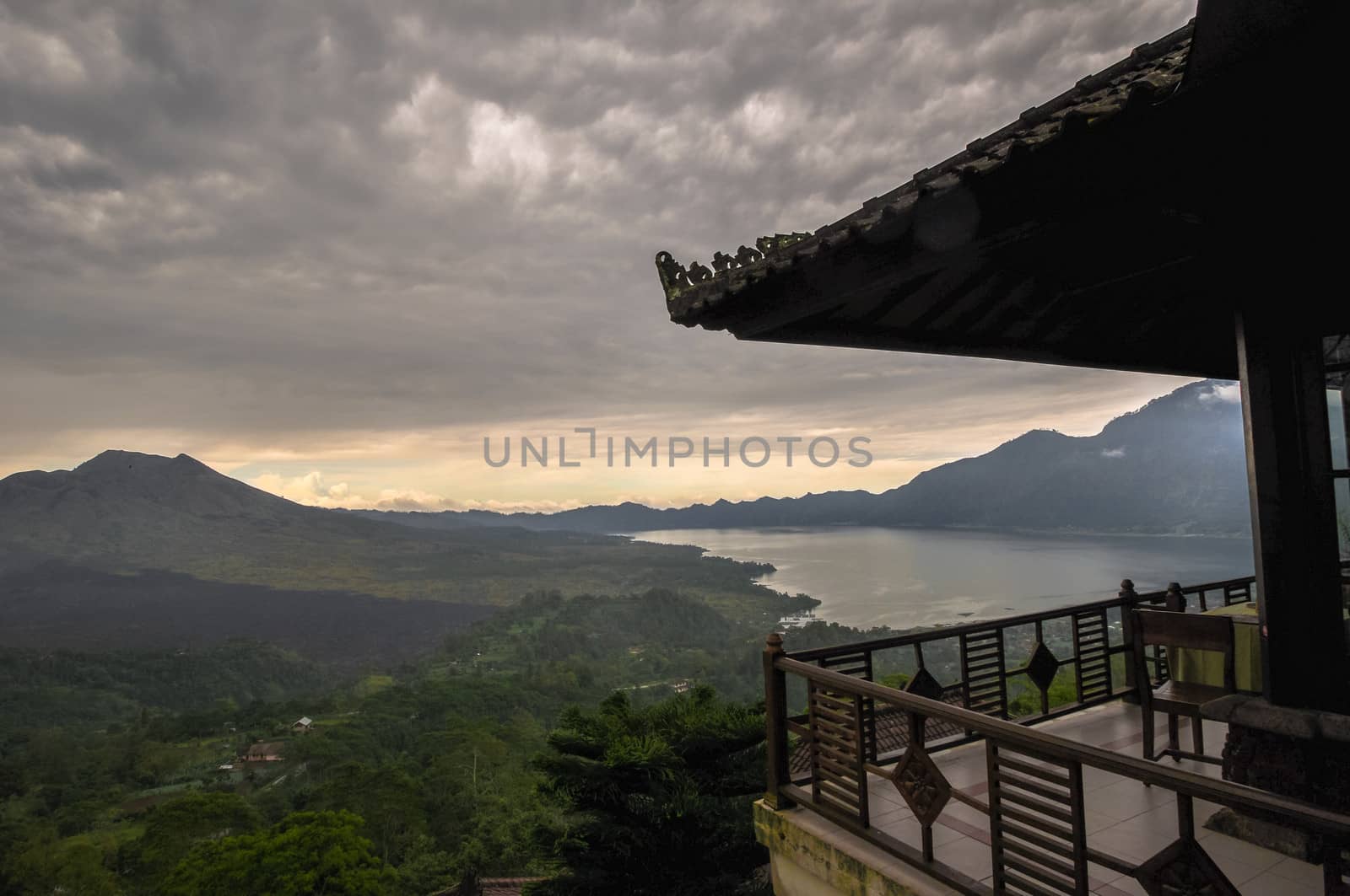 Landscape Batur volcano rain on Bali island, Indonesia
