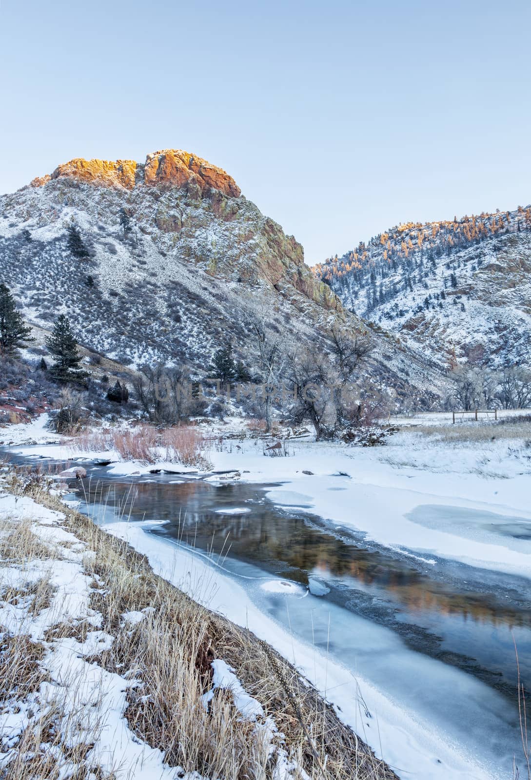 winter sunset over Cache la Poudre River (North Fork) at Eagle Nest Open Space in northern Colorado near Fort Collins