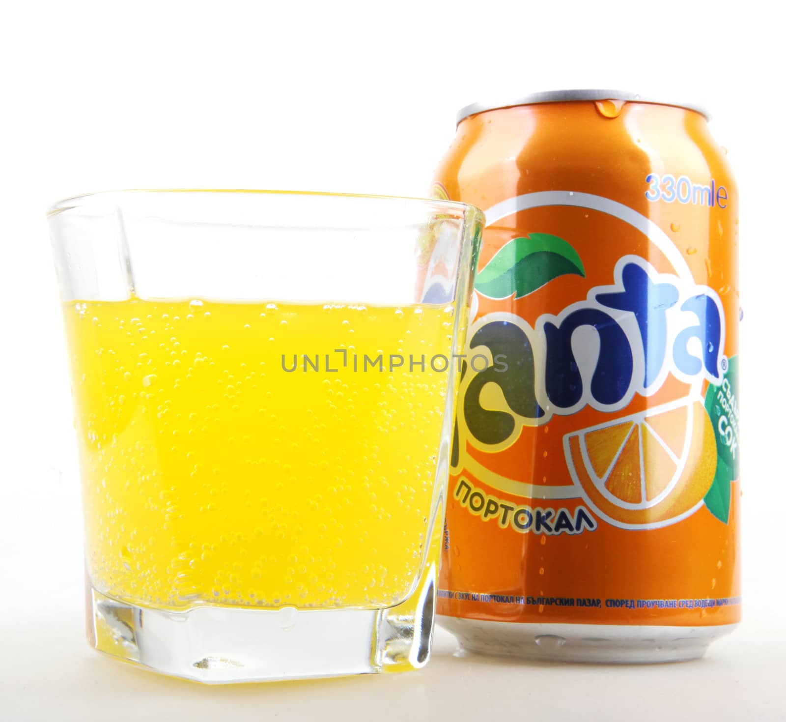 AYTOS, BULGARIA - JANUARY 25, 2014: Fanta bottle can isolated on white background. Fanta is a carbonated soft drink sold in stores, restaurants, and vending machines throughout the world.