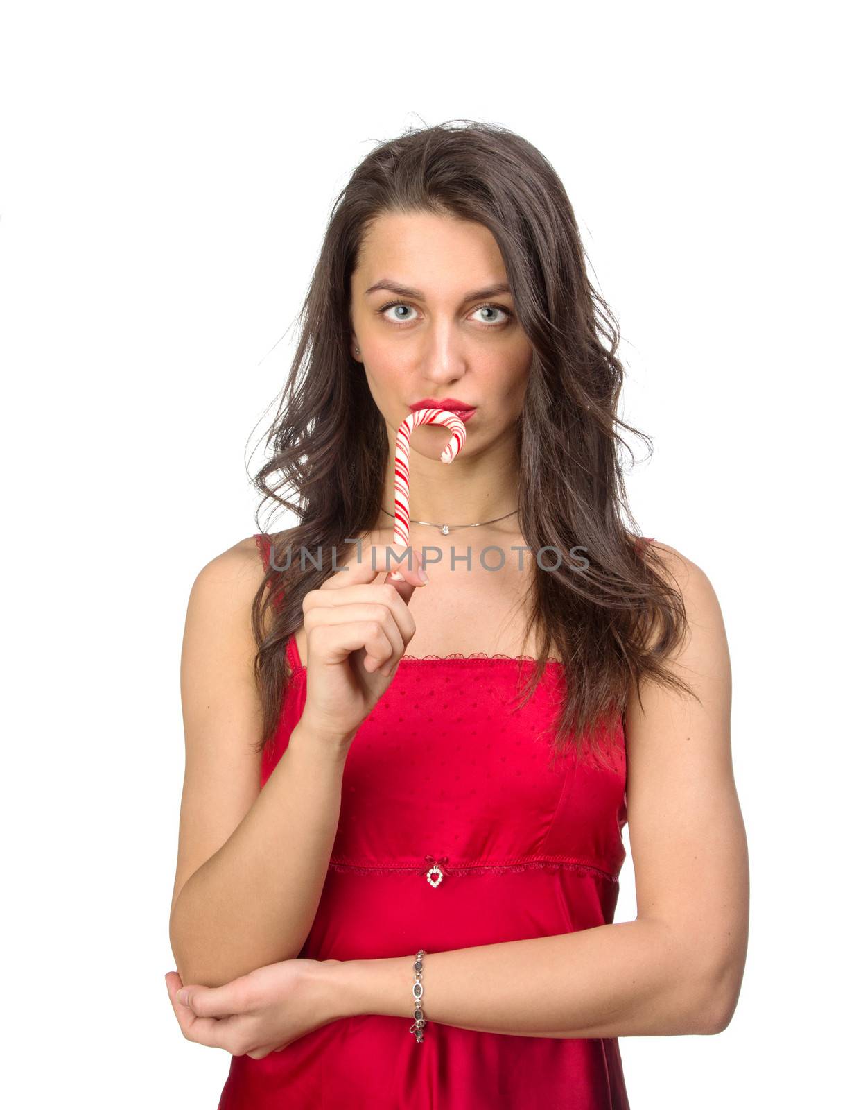 girl lick white-red candy in the form of heart with beautiful make-up   Valentine's day, love.