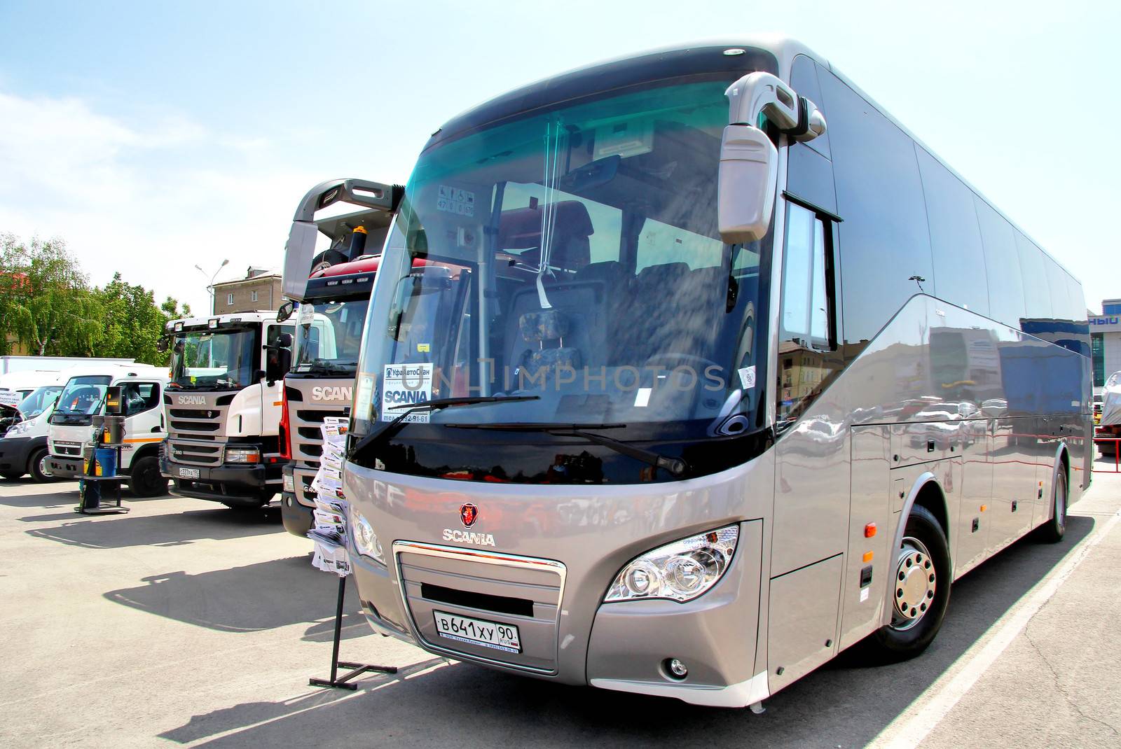 UFA, RUSSIA - MAY 23: Interurban coach Scania Higer A80 exhibited at the annual International exhibition Gas. Oil. Technologies on May 23, 2012 in Ufa, Bashkortostan, Russia.