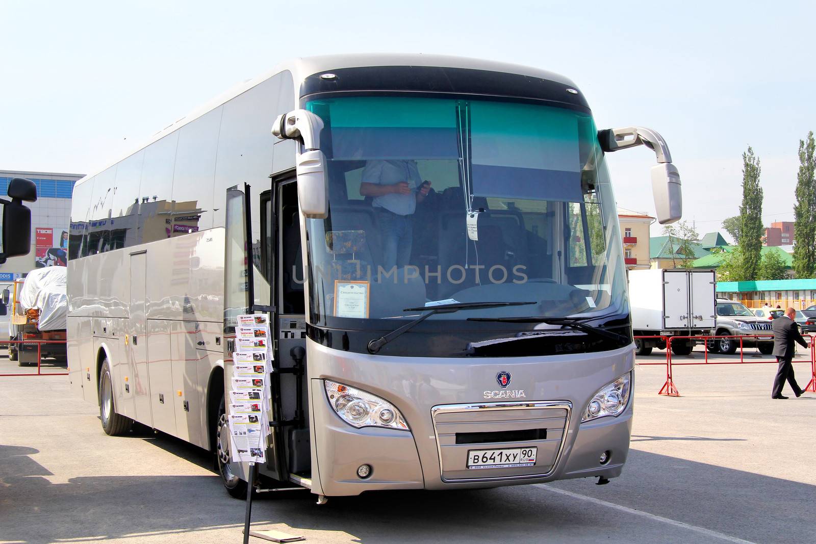 UFA, RUSSIA - MAY 23: Interurban coach Scania Higer A80 exhibited at the annual International exhibition Gas. Oil. Technologies on May 23, 2012 in Ufa, Bashkortostan, Russia.