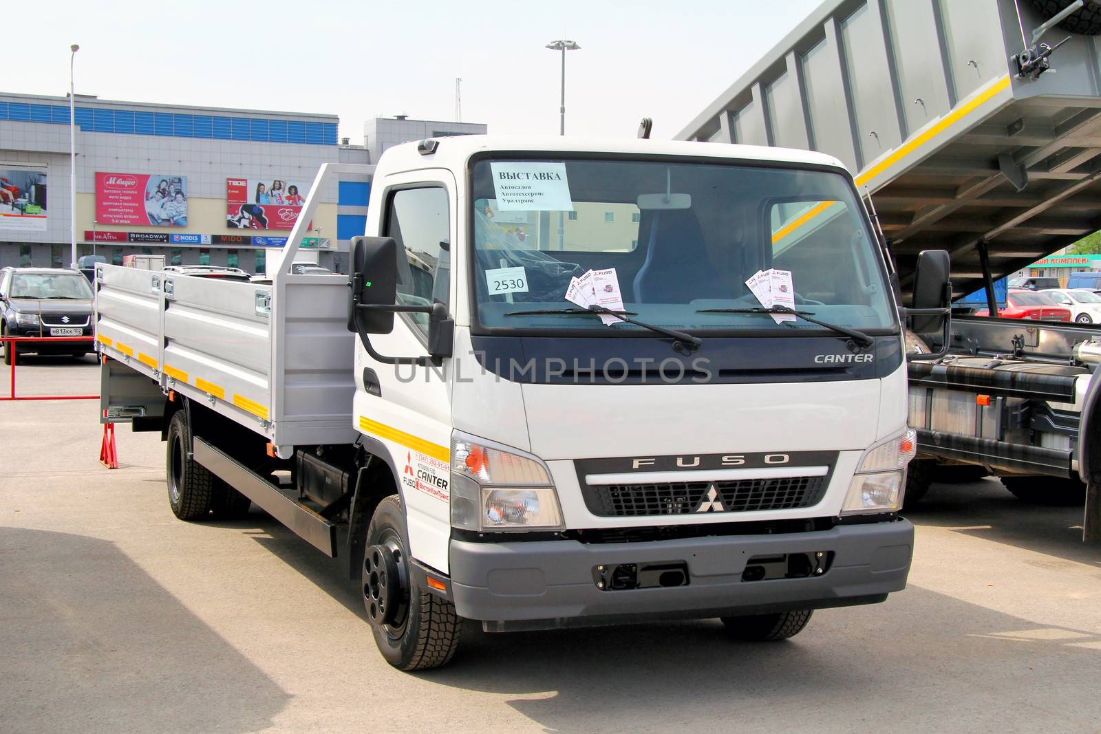 UFA, RUSSIA - MAY 23: Japanese Mitsubishi Fuso Fighter truck exhibited at the annual International exhibition Gas. Oil. Technologies on May 23, 2012 in Ufa, Bashkortostan, Russia.