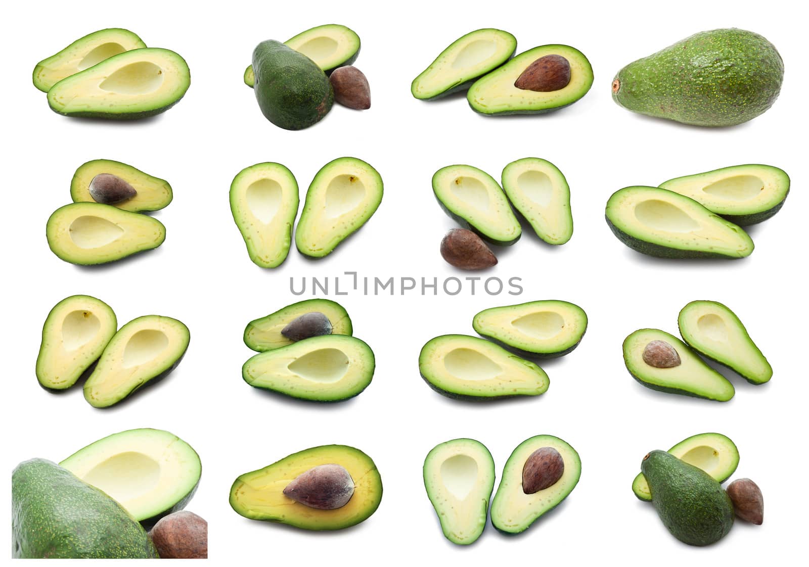 Collection of  fresh green avocado isolated on white background