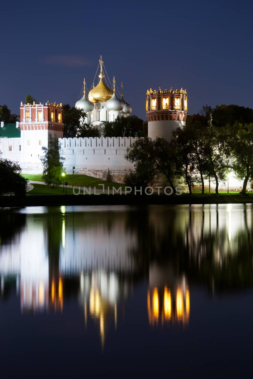 Beautiful view of Novodevichy Convent at night, Moscow, Russia