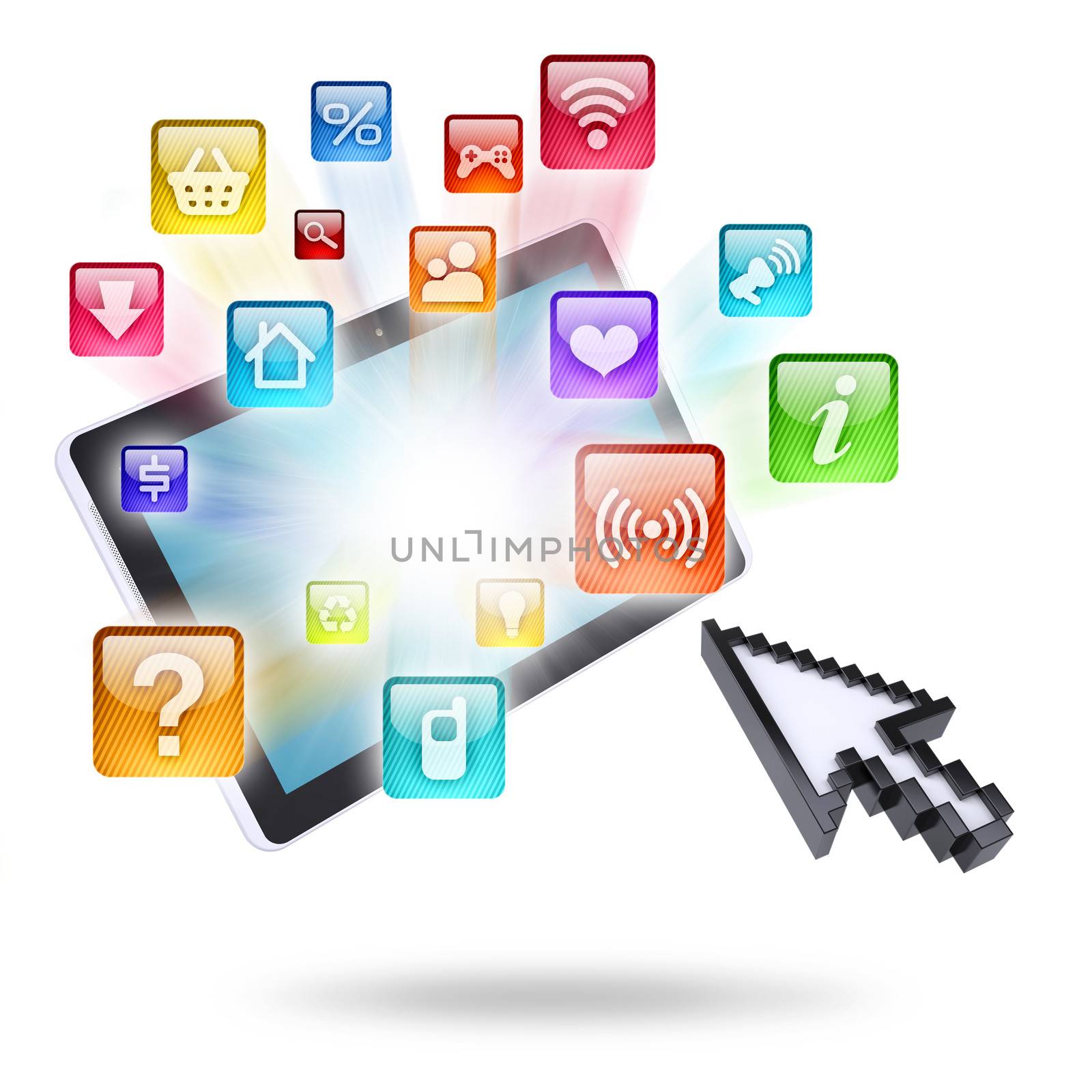 Tablet computer and application icons. Computer technology concept