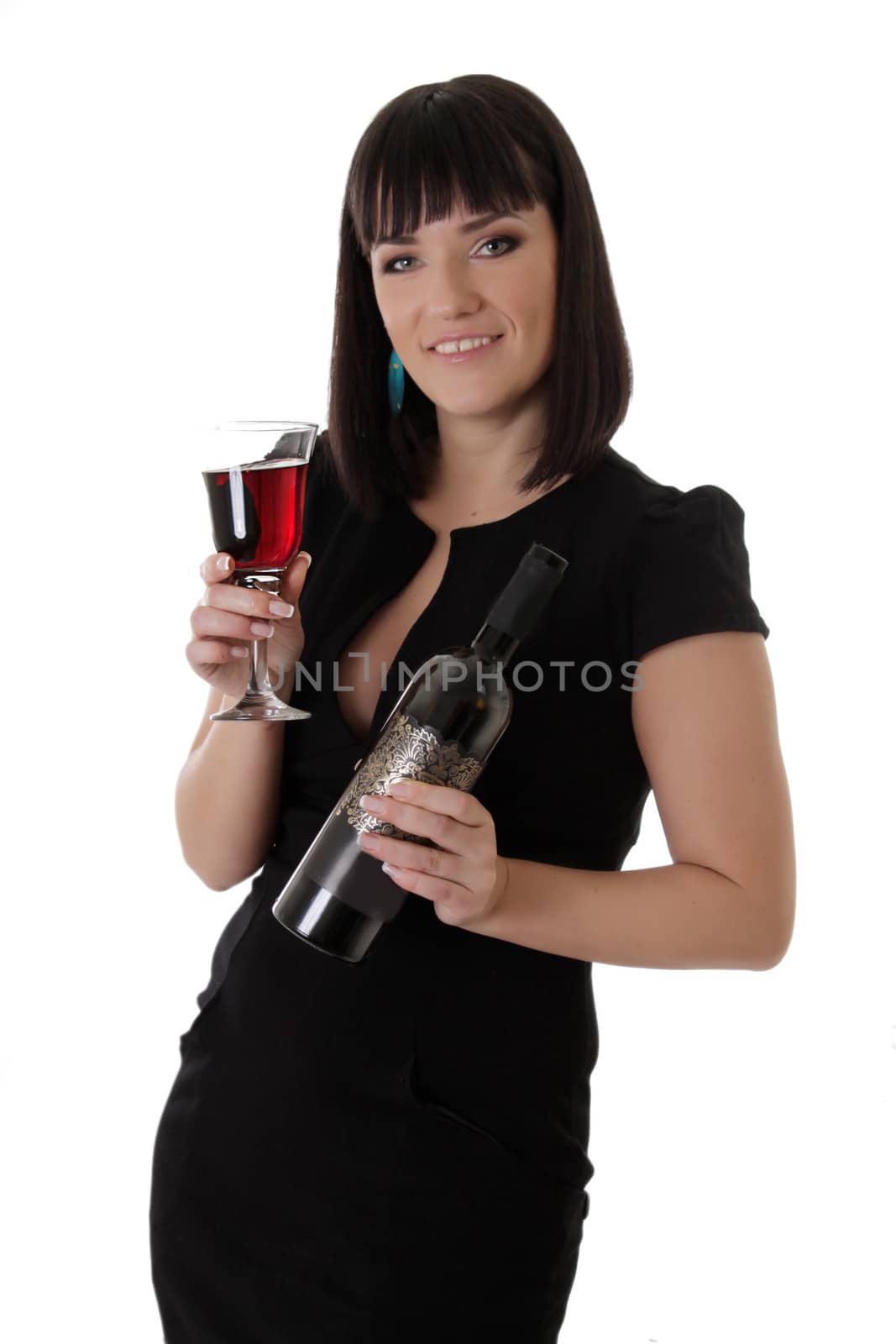 Elegant woman in dress with red wine glass and bottle over white