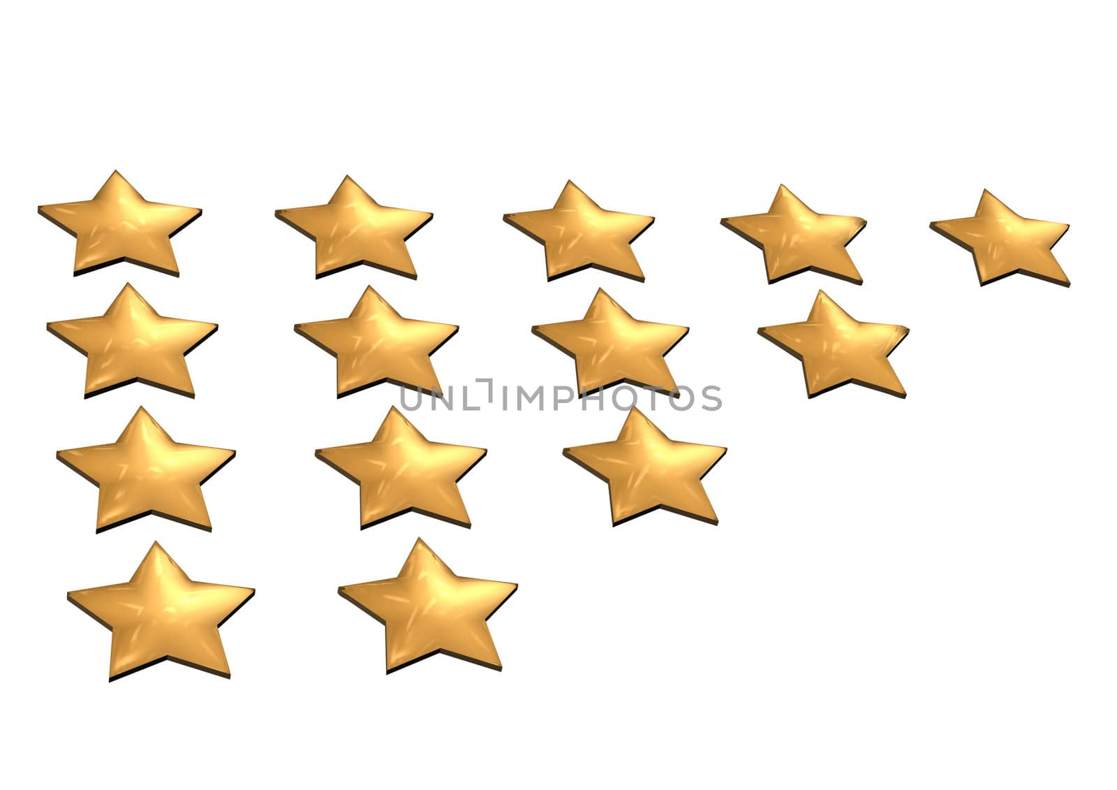 Gold Stars. Isolated on white. Three dimensional render.