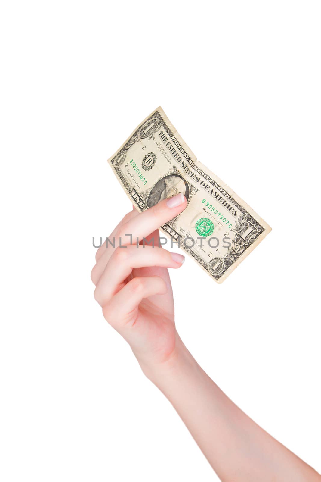 Hand holding one dollar, isolated on white background