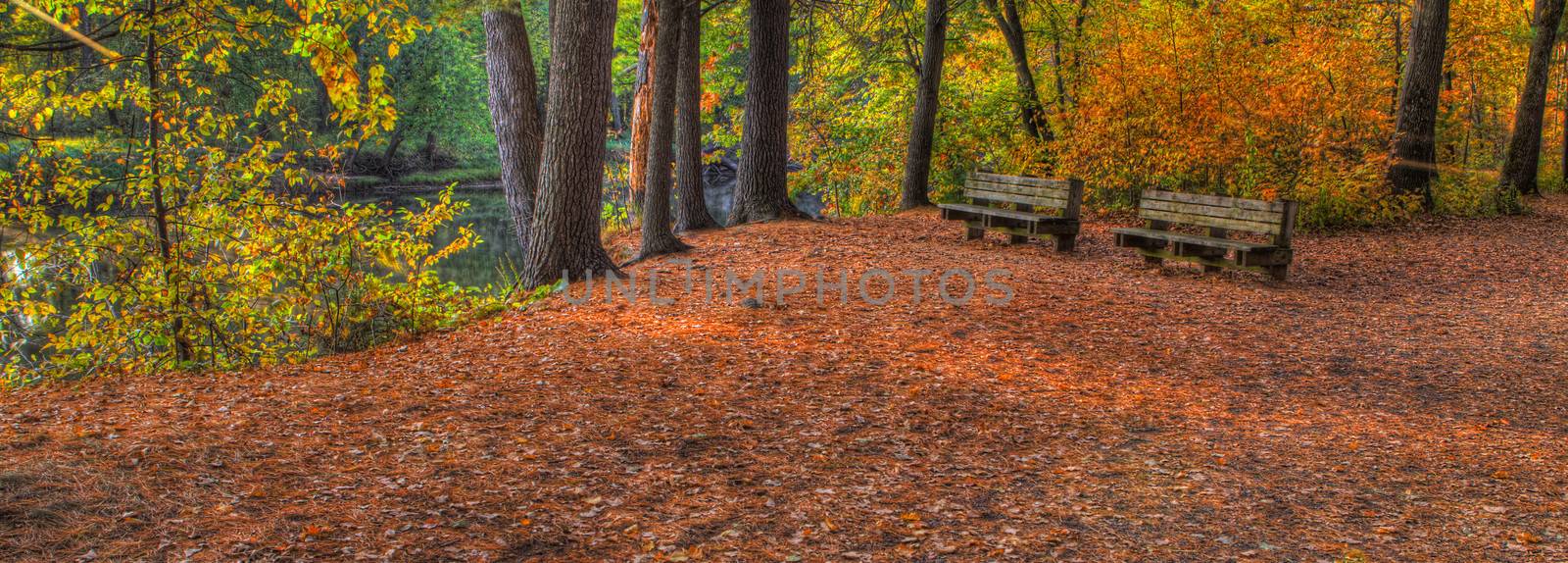 Colorful scenic Landscape in High Dynamic Range with bench