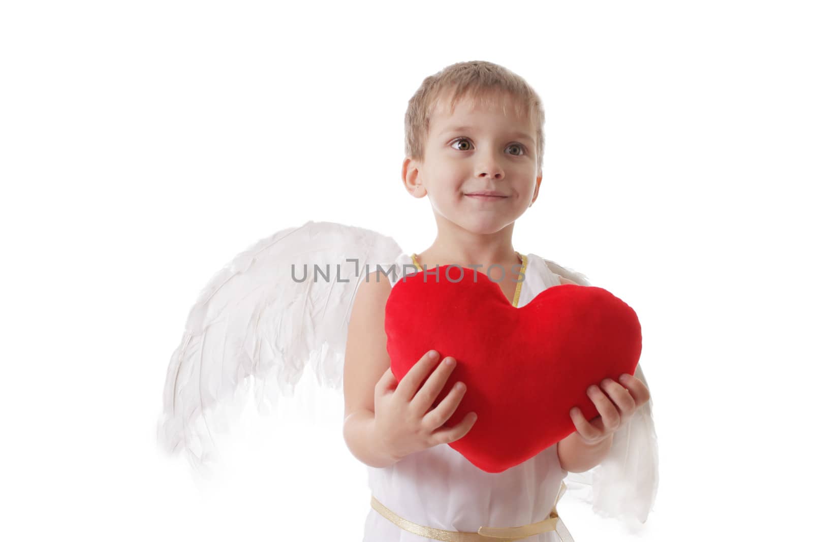 Cute smiling cupid with heart in a hands, isolated on white