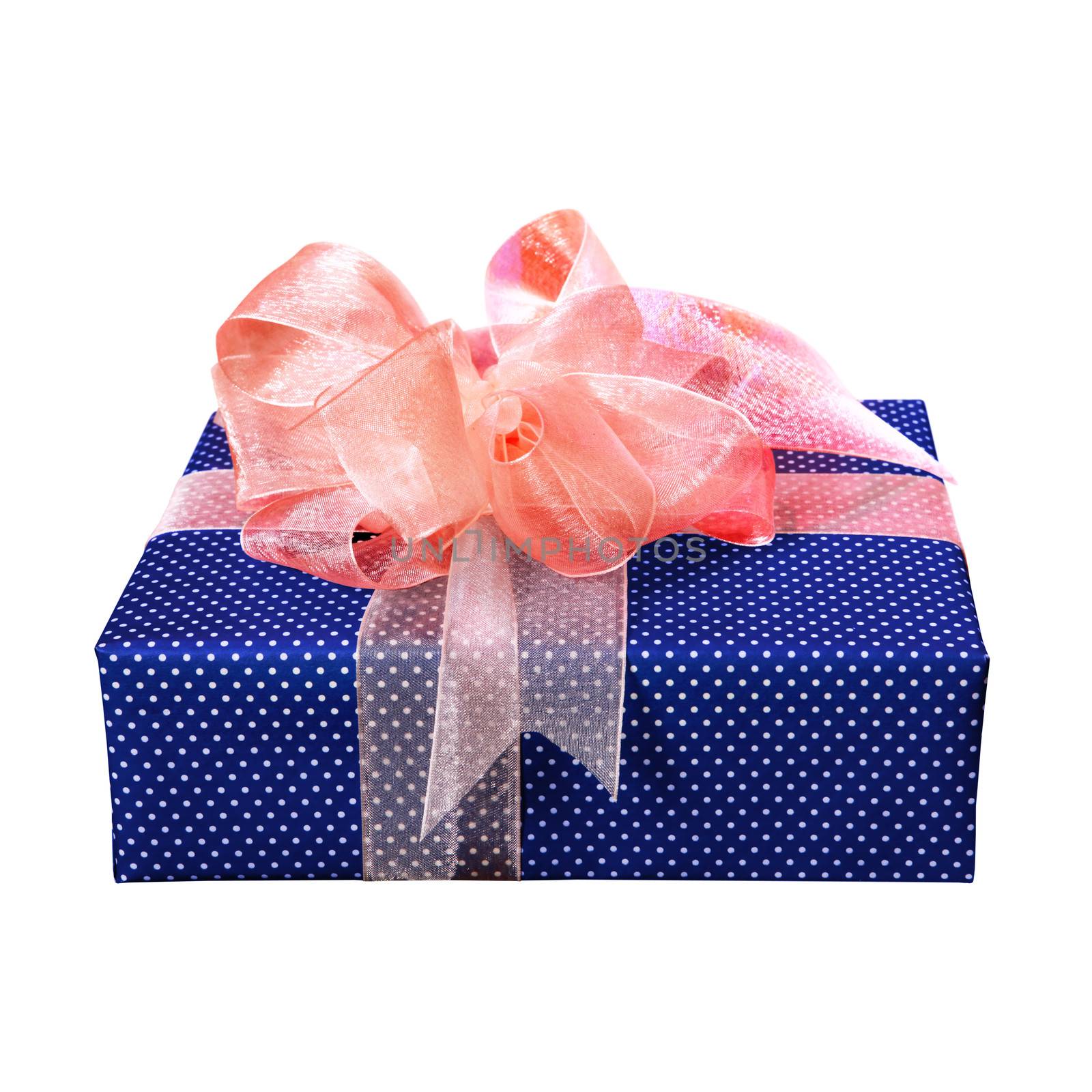 blue gift box and pink ribbon, isolated on white with path