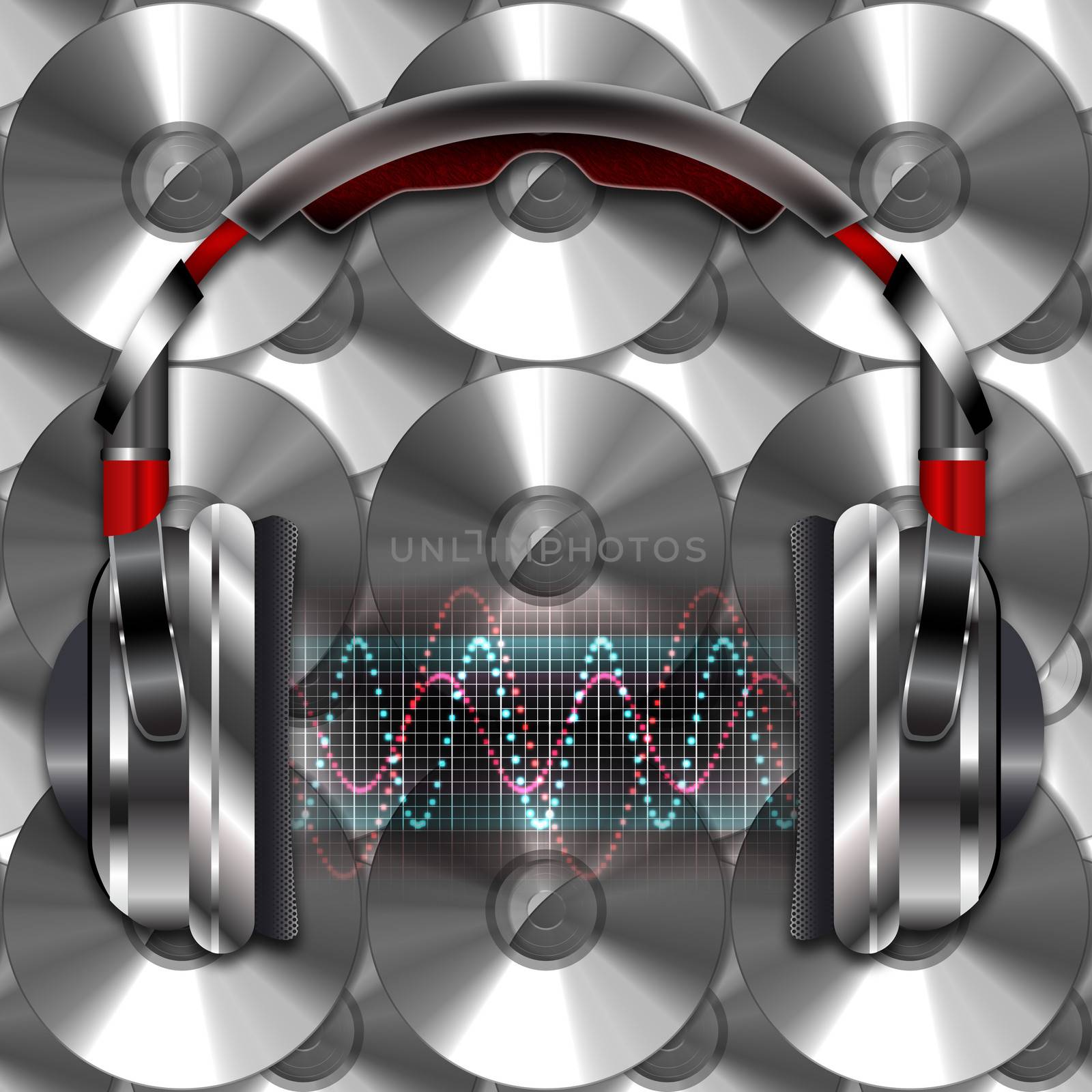 Realistic headphones with music waves.  Illustration on a background of compact discs.