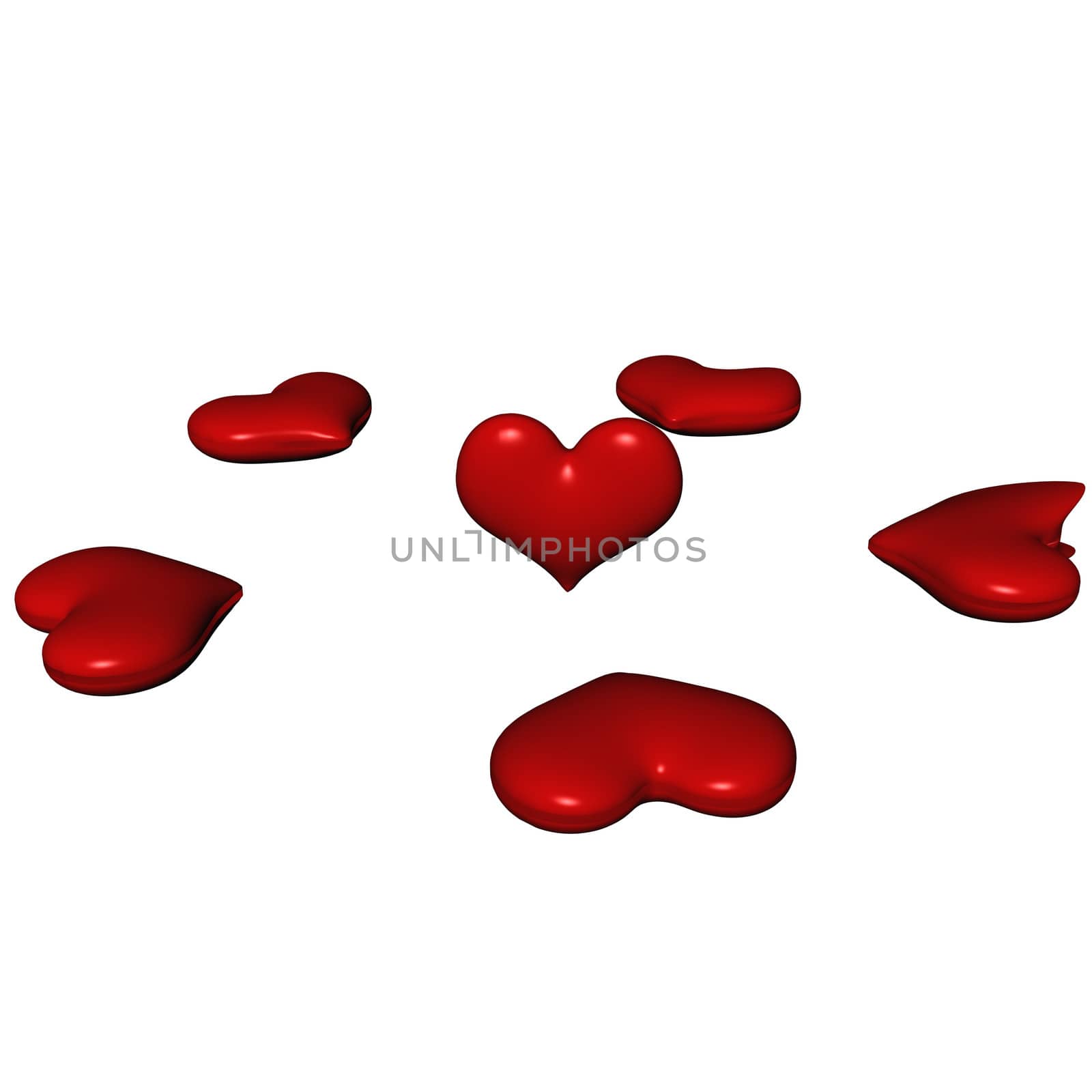 Red valentine hearts isolated on white. Three dimensional render.