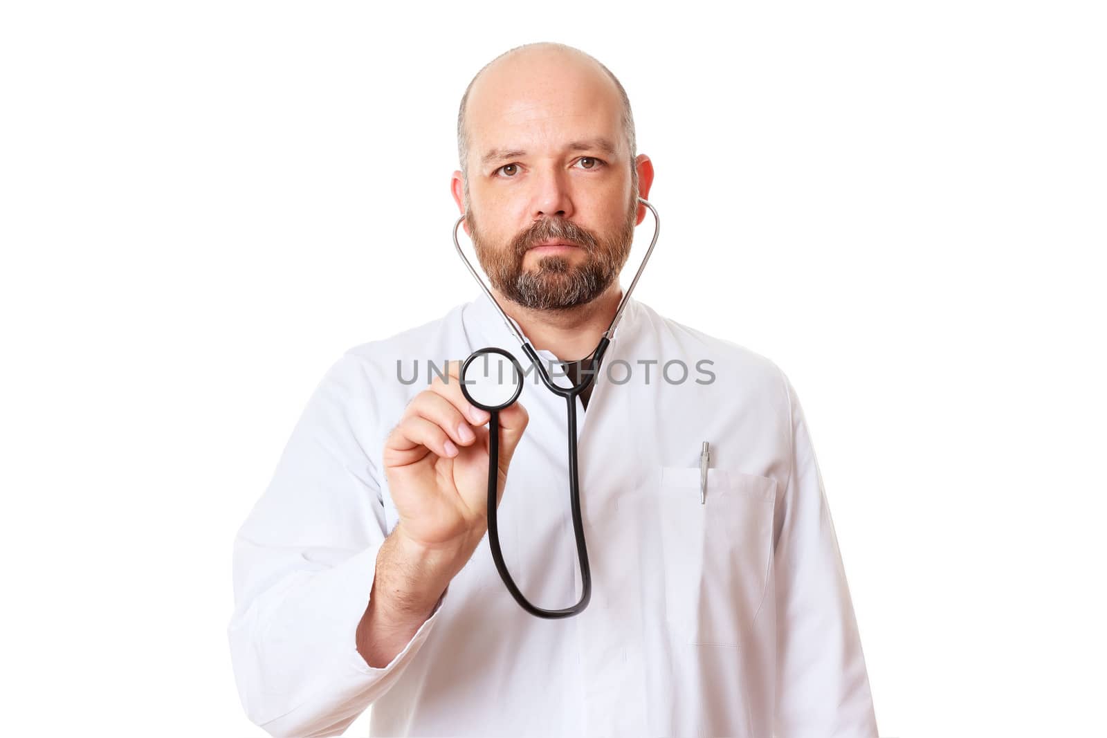 An image of a doctor with a stethoscope isolated on white