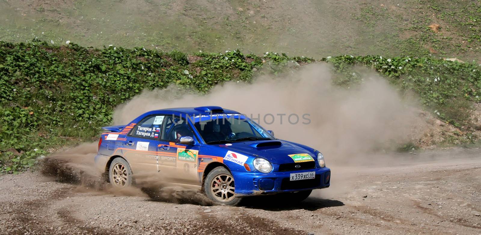 BAKAL, RUSSIA - AUGUST 8: Annual Rally Southern Ural, Dmitriy Tagirov's Subaru Impreza WRC #9 on August 8, 2008 in Bakal, Satka district, Chelyabinsk region, Russia.