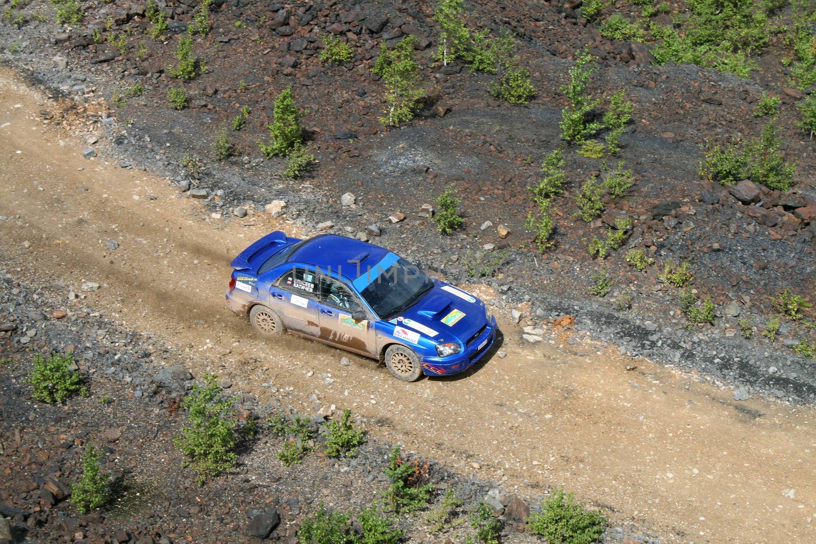 BAKAL, RUSSIA - AUGUST 8: Vitaliy Katichev's Subaru Impreza WRX (No. 38) competes at the annual Rally Southern Ural on August 8, 2008 in Bakal, Satka district, Chelyabinsk region, Russia.