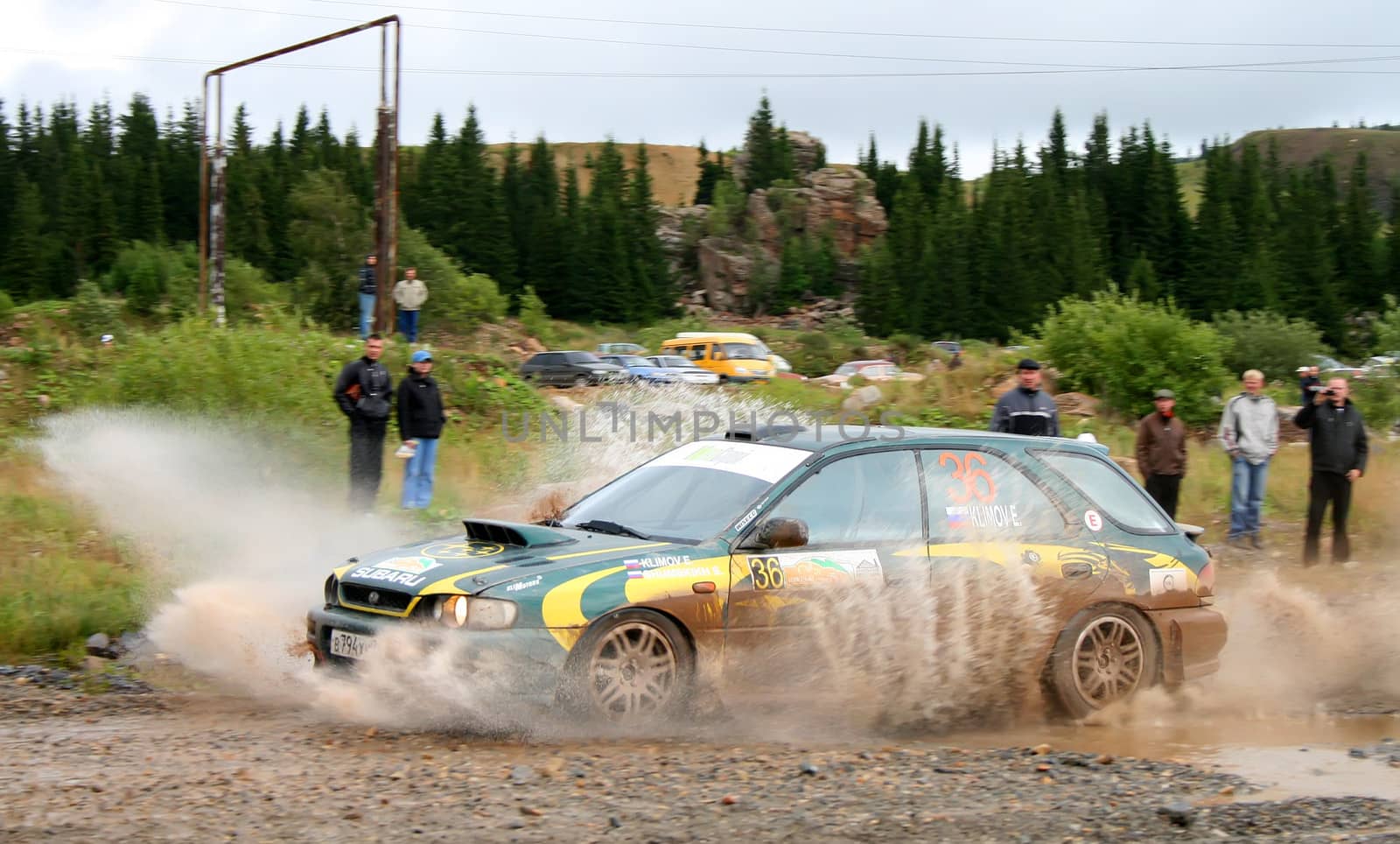 BAKAL, RUSSIA - AUGUST 8: Evgeniy Klimov's Subaru Impreza (No. 36) competes at the annual Rally Southern Ural on August 8, 2009 in Bakal, Satka district, Chelyabinsk region, Russia.