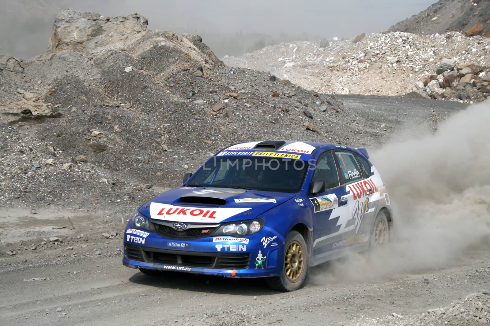 BAKAL, RUSSIA - AUGUST 13: Patrik Flodin's Subaru Impreza WRC (No. 1) competes at the annual Rally Southern Ural on August 13, 2010 in Bakal, Satka district, Chelyabinsk region, Russia.