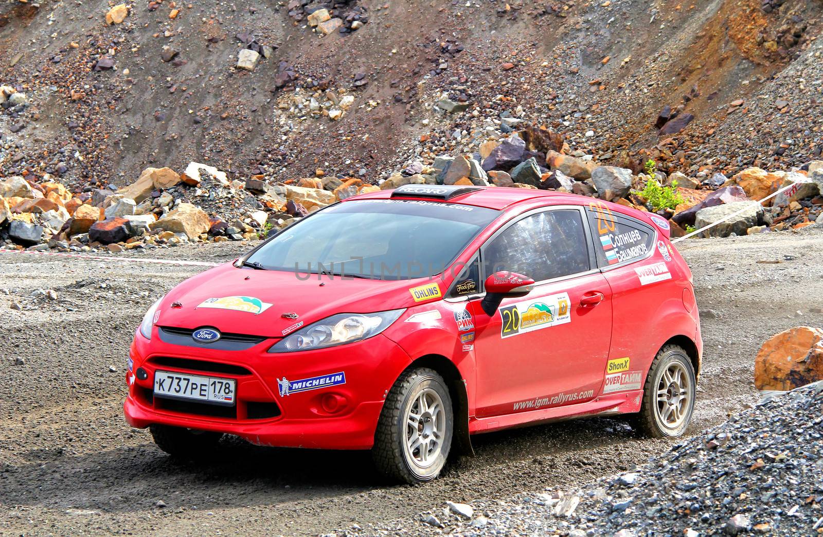 BAKAL, RUSSIA - JULY 21: Sergey Solntsev's Ford Fiesta (No. 20) competes at the annual Rally Southern Ural on July 21, 2012 in Bakal, Satka district, Chelyabinsk region, Russia.