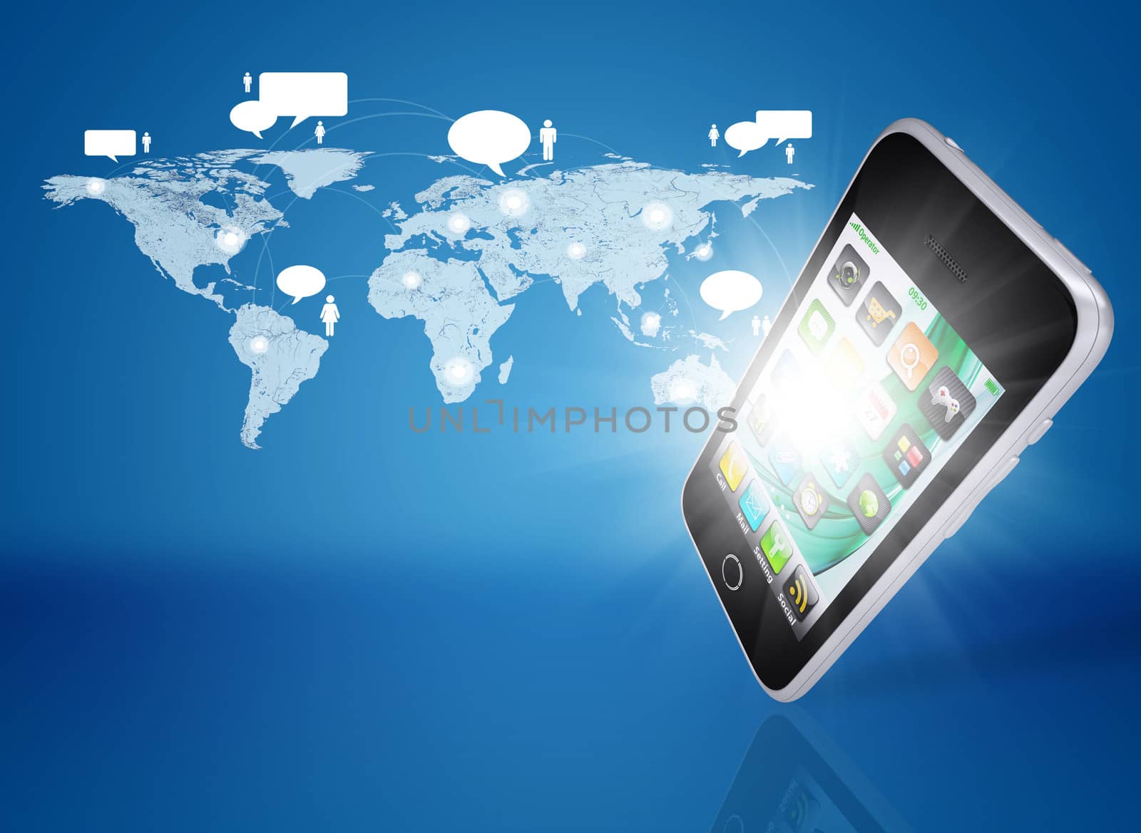 Smartphone and world map with contacts. The concept of communication technologies