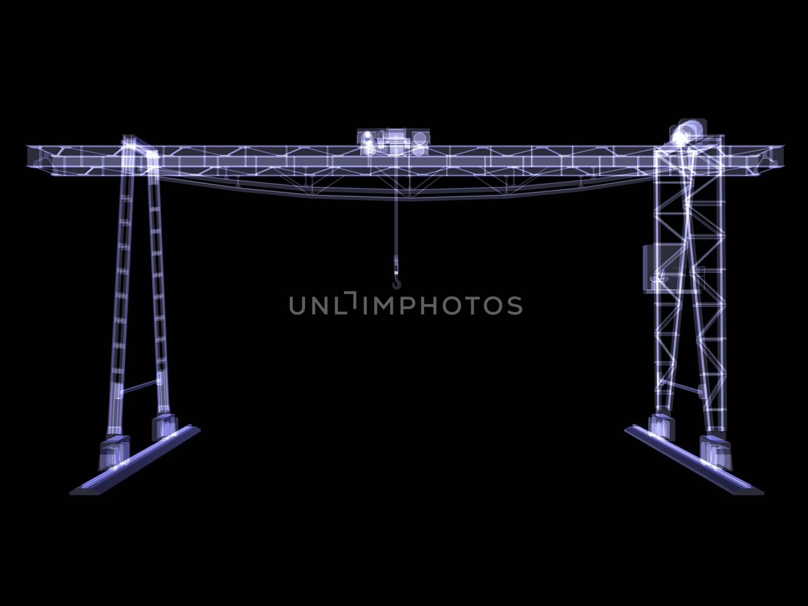 Overhead crane. X-Ray render isolated render on black background