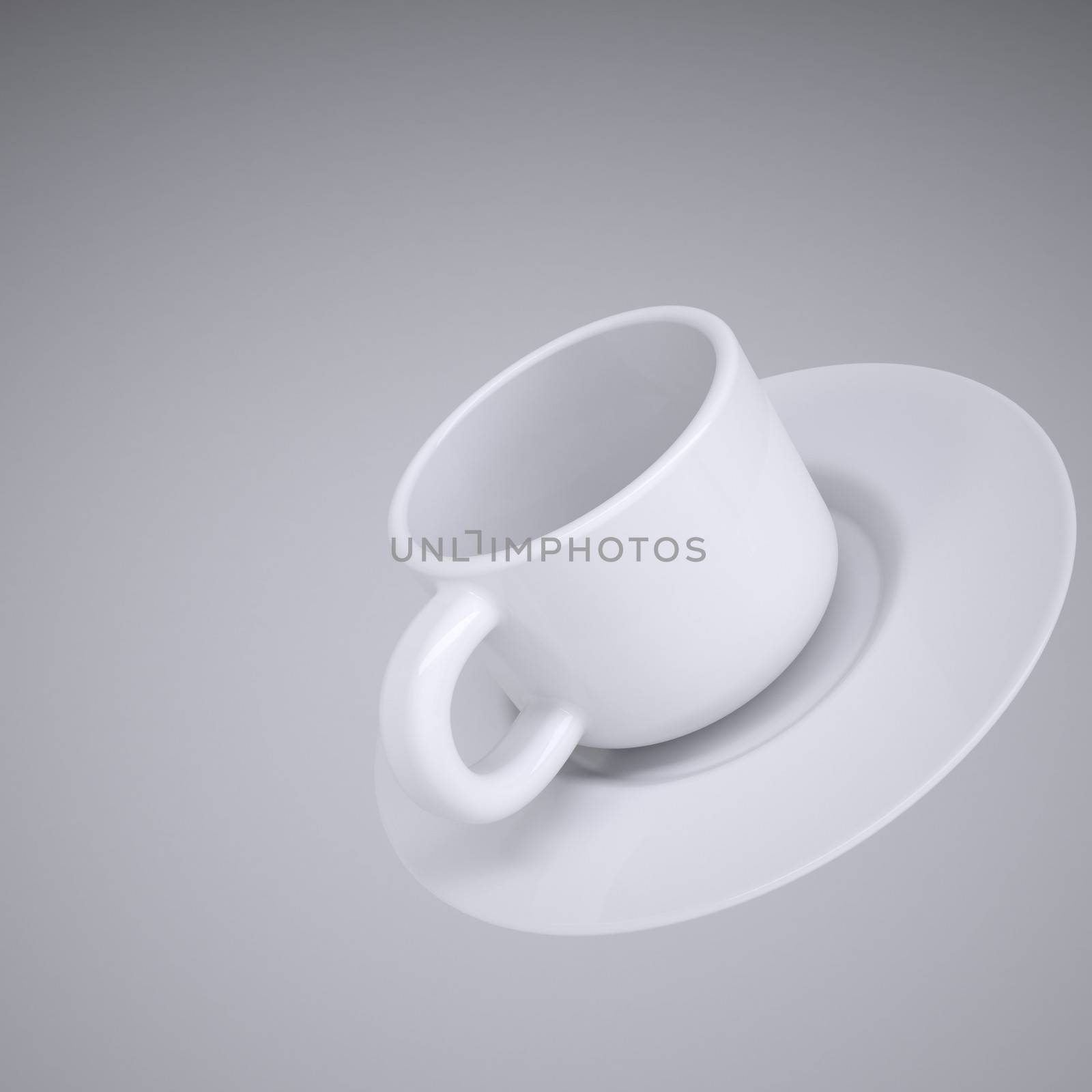 White coffee cup and saucer. Render on a gray background