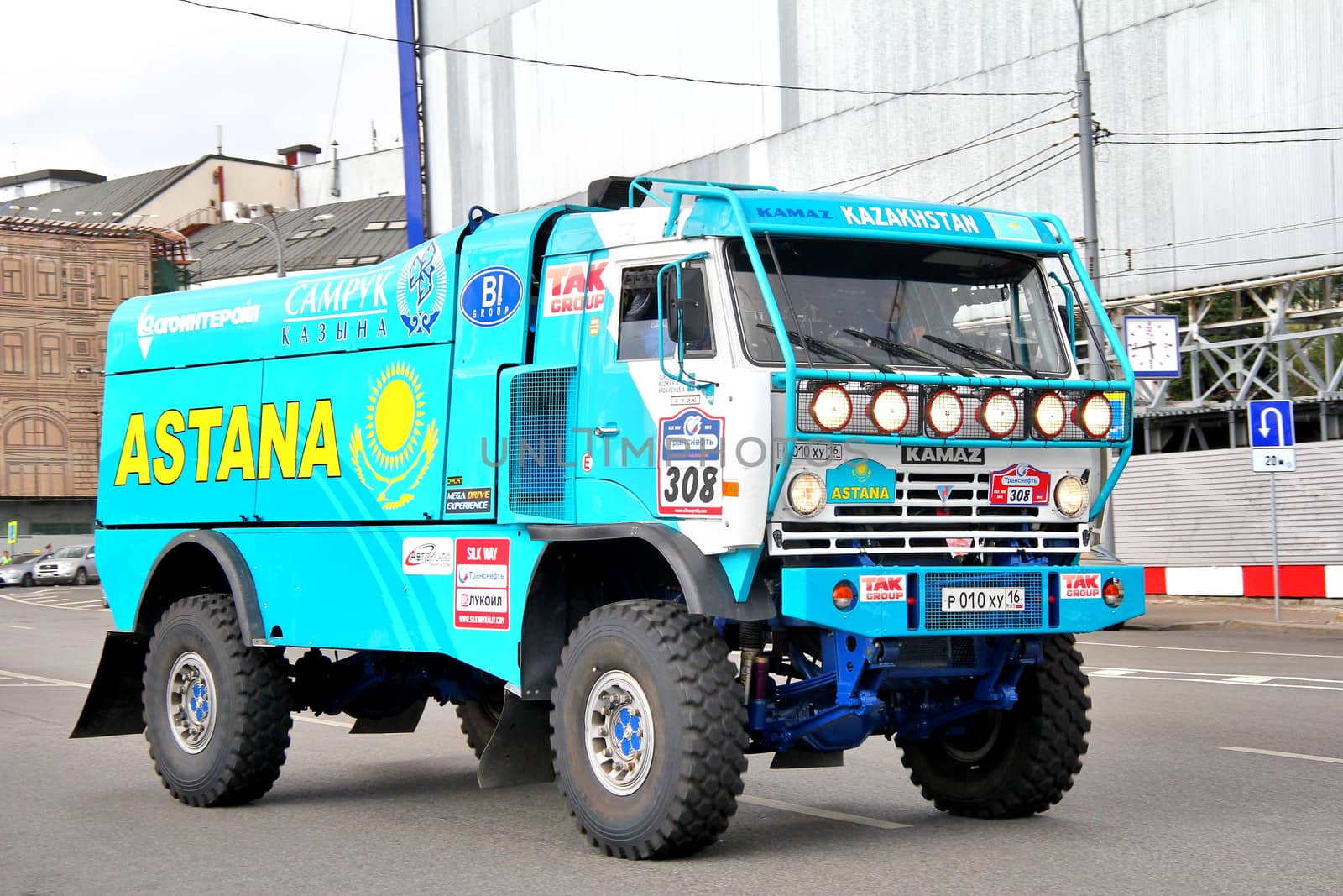MOSCOW, RUSSIA - JULY 7: Artur Ardavichus's KAMAZ 4326 No. 308 of Astana Rally Team takes part at the annual Silkway Rally - Dakar series on July 7, 2012 in Moscow, Russia.