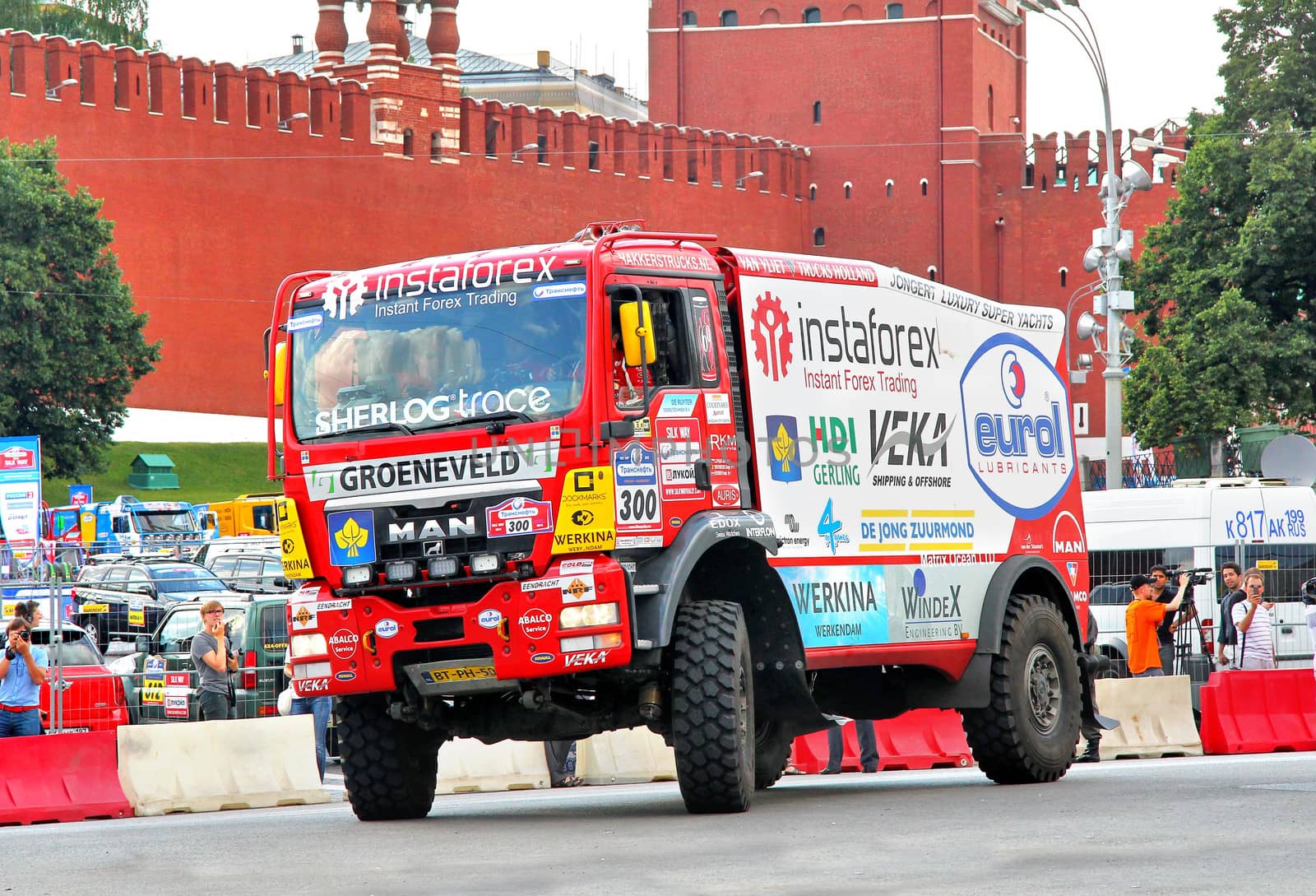 MOSCOW, RUSSIA - JULY 7: Ales Loprais's MAN TGS No. 300 of Instaforex Eurol Veka Team takes part at the annual Silkway Rally - Dakar series on July 7, 2012 in Moscow, Russia.