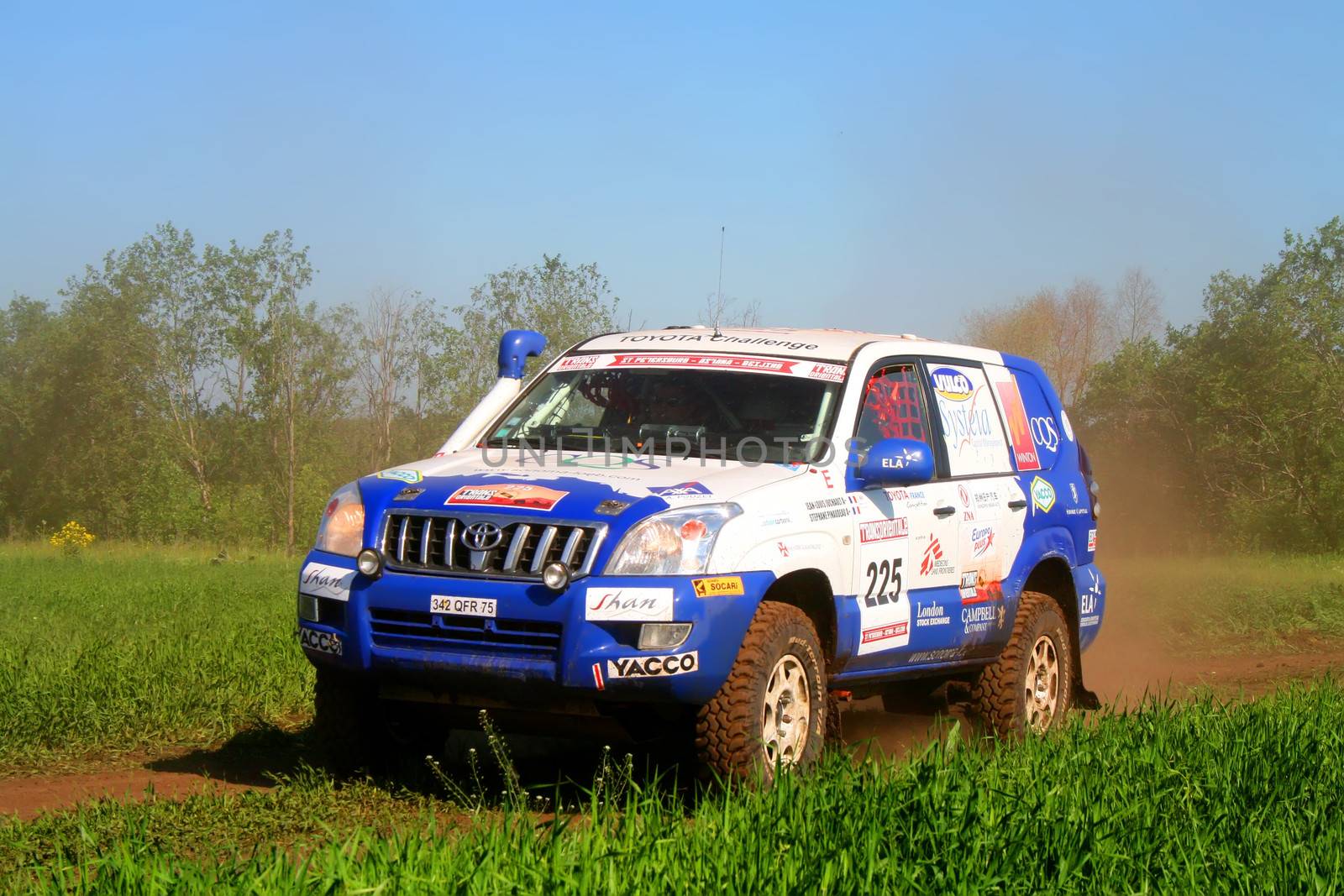 TATARSTAN, RUSSIA - JUNE 15: Jean-Louis Juchault's Toyota Land Cruiser Prado 120 (No. 225) competes at the rally Transorientale 2008 on June 15, 2008 near town of Naberezhnye Chelny, Tatarstan, Russia.